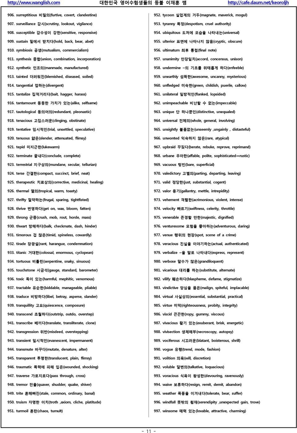 tainted 더러워진(blemished, diseased, soiled) 914. tangential 접하는(divergent) 915. tantalize 집적거리다(bait, hagger, harass) 916. tantamount 동등한 가치가 있는(alike, selfsame) 917.