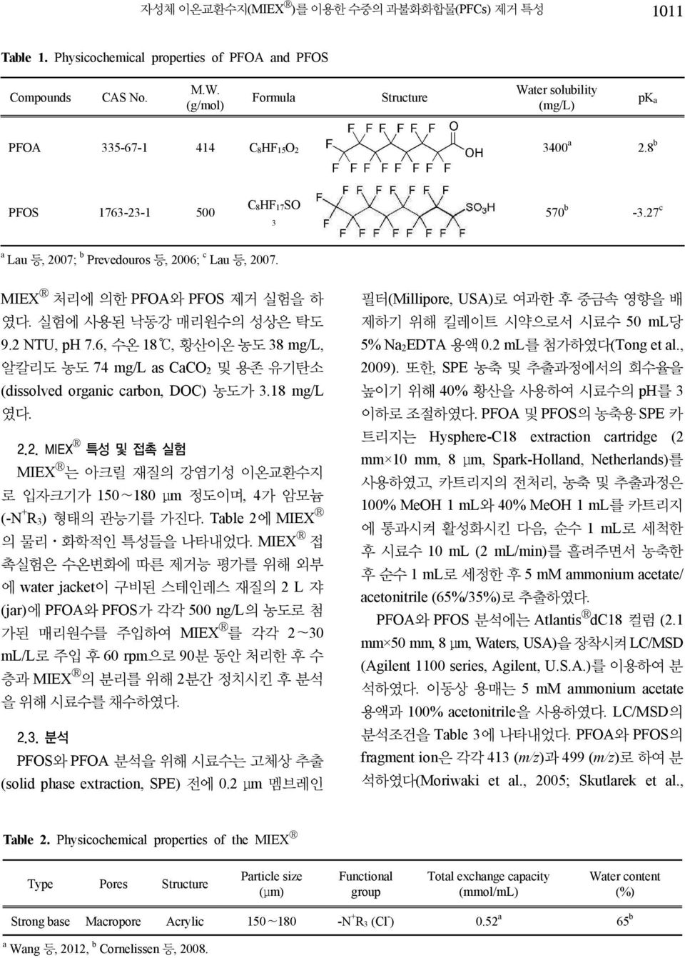 MIEX R 처리에 의한 PFOA와 PFOS 제거 실험을 하 였다. 실험에 사용된 낙동강 매리원수의 성상은 탁도 9.2 NTU, ph 7.6, 수온 18, 황산이온 농도 38 mg/l, 알칼리도 농도 74 mg/l as CaCO 2 및 용존 유기탄소 (dissolved organic carbon, DOC) 농도가 3.18 mg/l 였다. 2.2. MIEX R 특성 및 접촉 실험 MIEX R 는 아크릴 재질의 강염기성 이온교환수지 로 입자크기가 150 180 μm 정도이며, 4가 암모늄 (-N + R 3) 형태의 관능기를 가진다.