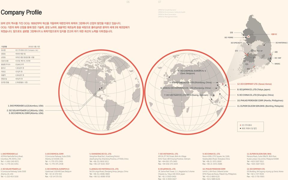 ) 설립일 1959년 8월 5일 상장일 1976년 6월 2일(결산월: 12월) 대표이사명 이수영, 백우석, 이우현 총발행 주식수 23,849,371주 총자산 7,302십억 원 자본금 127십억 원 매출액 2,956십억 원 영업손실 106십억 원 4. OCI CHEMICAL EUROPE N. V.