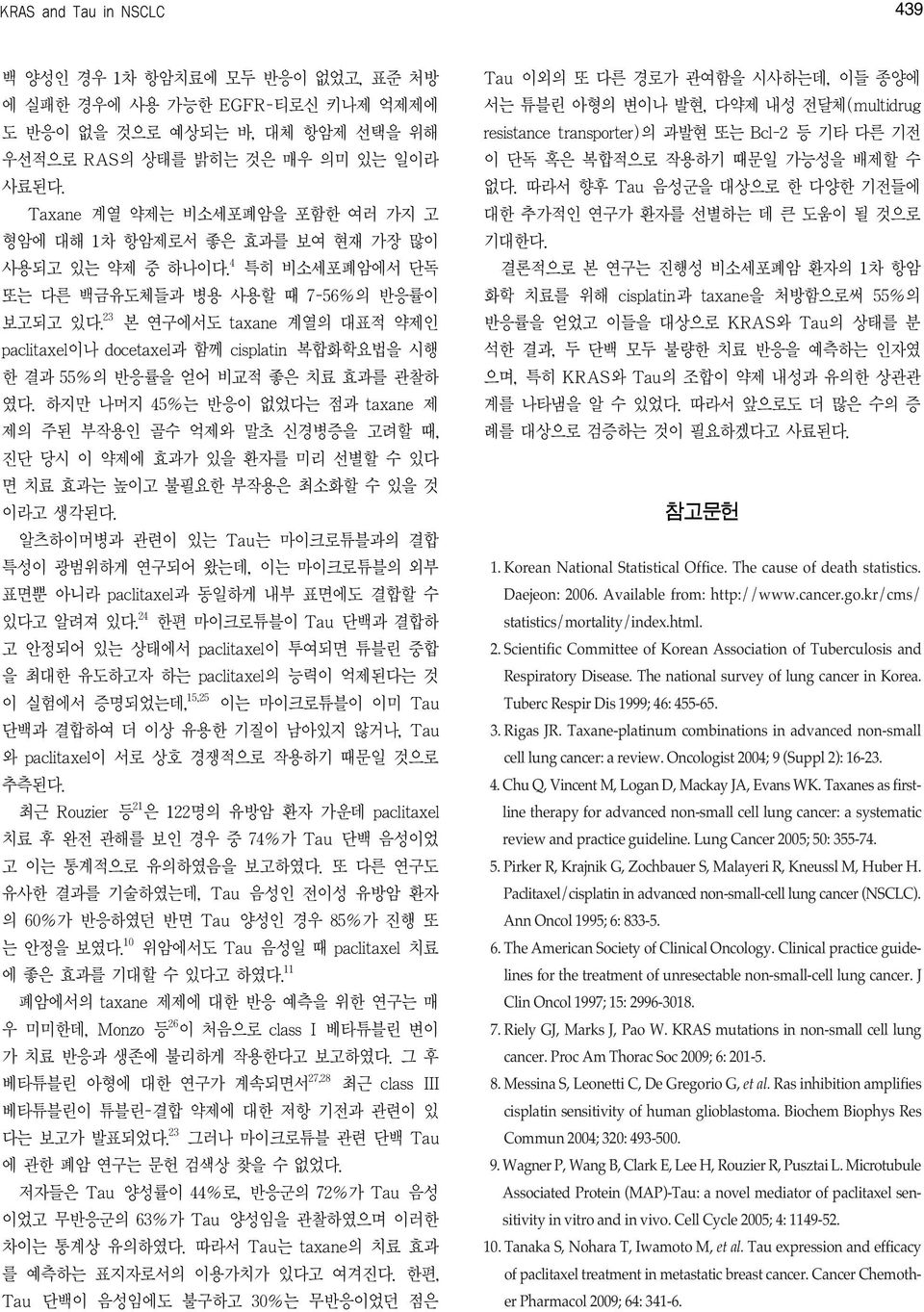 23 본 연구에서도 taxane 계열의 대표적 약제인 paclitaxel이나 docetaxel과 함께 cisplatin 복합화학요법을 시행 한 결과 55%의 반응률을 얻어 비교적 좋은 치료 효과를 관찰하 였다.