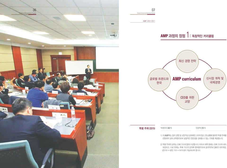 타 AMP와는 달리 경영 및 교양 특강 강좌에만 그치지 않고, 현 상황에 필요한 특별 주제를 선정하여 심화 교육함으로써 실질적인 전문성을 강화할 수 있는 기회를