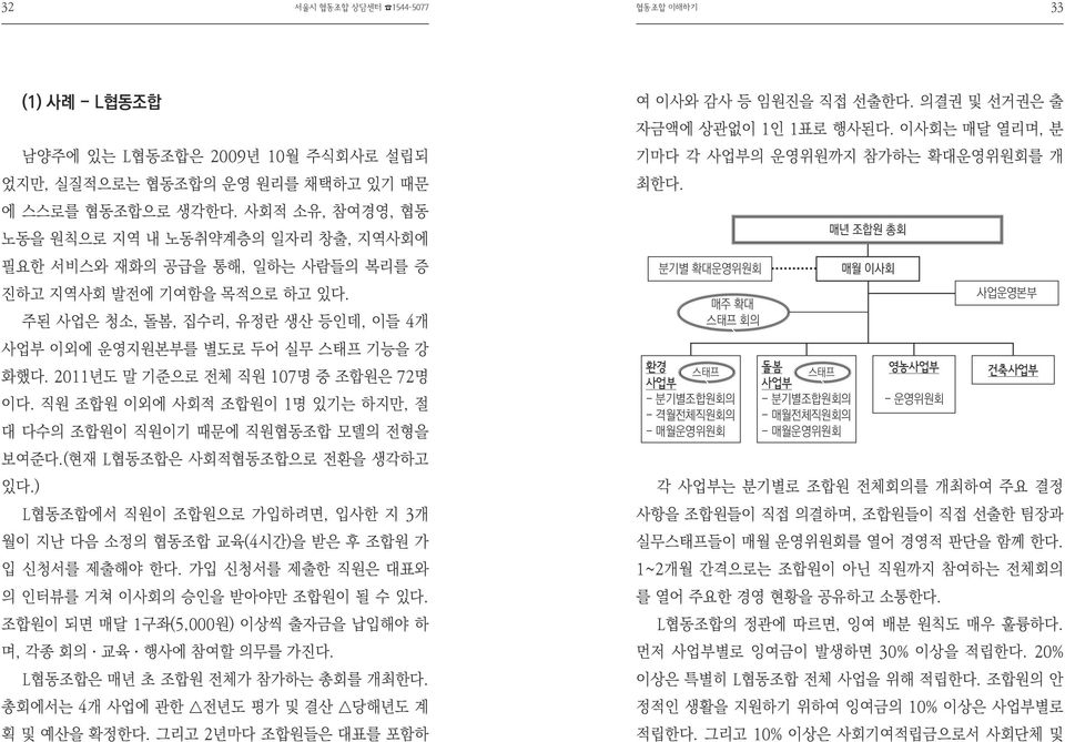 2011년도 말 기준으로 전체 직원 107명 중 조합원은 72명 이다. 직원 조합원 이외에 사회적 조합원이 1명 있기는 하지만, 절 대 다수의 조합원이 직원이기 때문에 직원협동조합 모델의 전형을 보여준다.(현재 L협동조합은 사회적협동조합으로 전환을 생각하고 있다.