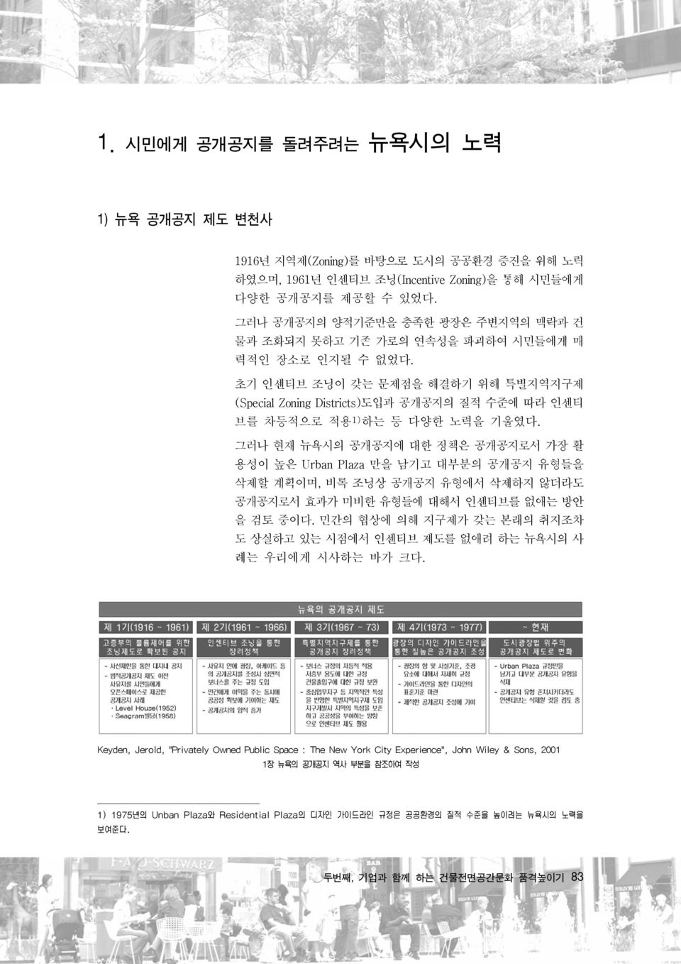 초기 인센티브 조닝이 갖는 문제점을 해결하기 위해 특별지역지구제 (Special Zoning Districts)도입과 공개공지의 질적 수준에 따라 인센티 브를 차등적으로 적용 1) 하는 등 다양한 노력을 기울였다.