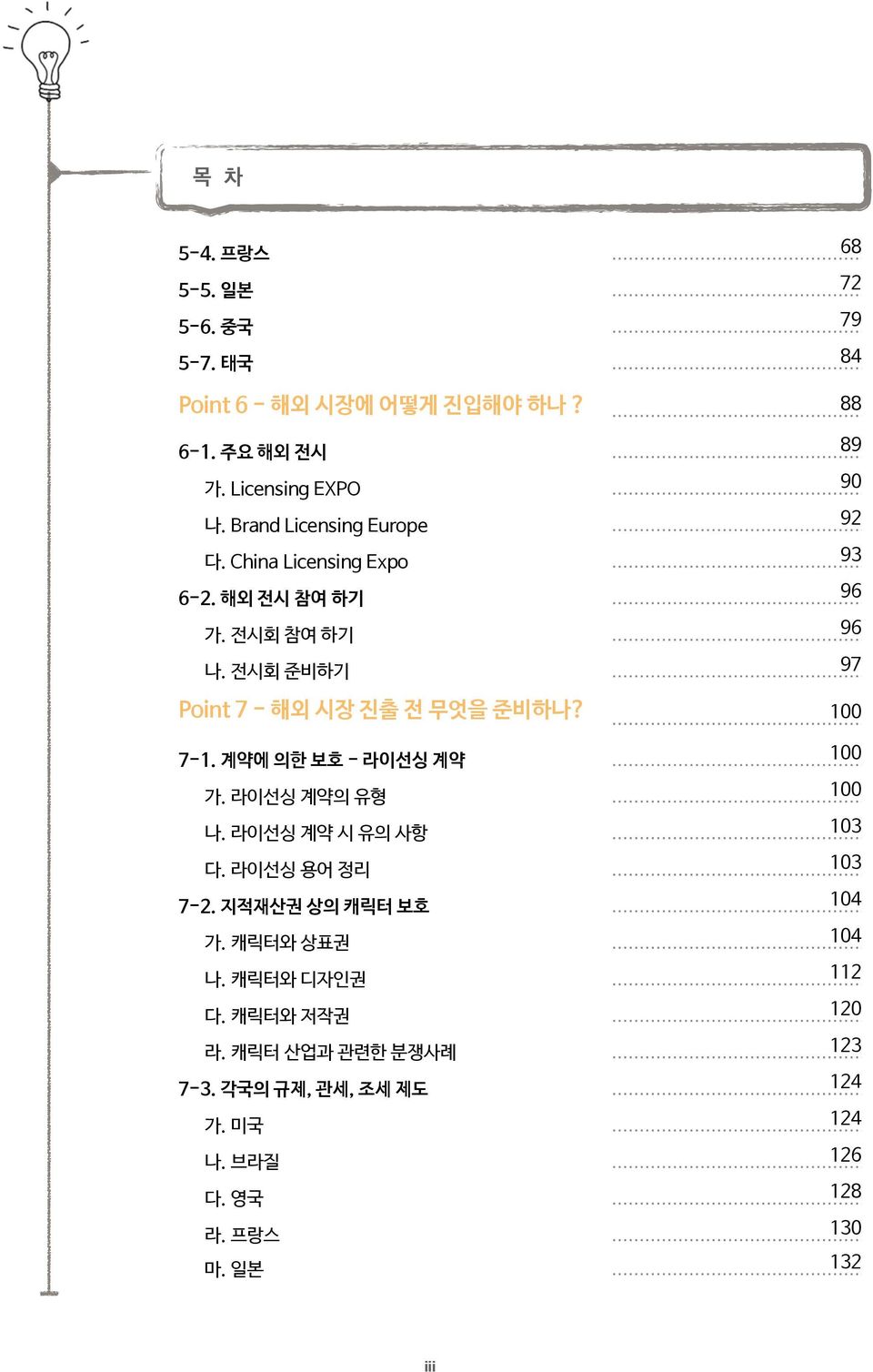 전시회 준비하기 97 Point 7 - 해외 시장 진출 전 무엇을 준비하나? 100 7-1. 계약에 의한 보호 - 라이선싱 계약 100 가. 라이선싱 계약의 유형 100 나. 라이선싱 계약 시 유의 사항 103 다.