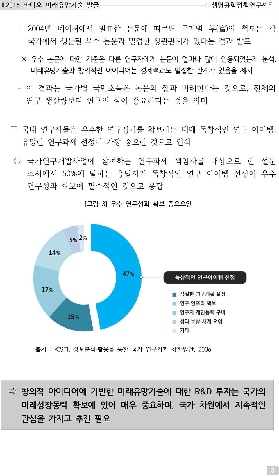 데에 독창적인 연구 아이템, 유망한 연구과제 선정이 가장 중요한 것으로 인식 국가연구개발사업에 참여하는 연구과제 책임자를 대상으로 한 설문 조사에서 50%에 달하는 응답자가 독창적인 연구 아이템 선정이 우수 연구성과 확보에 필수적인 것으로 응답 [그림 3]