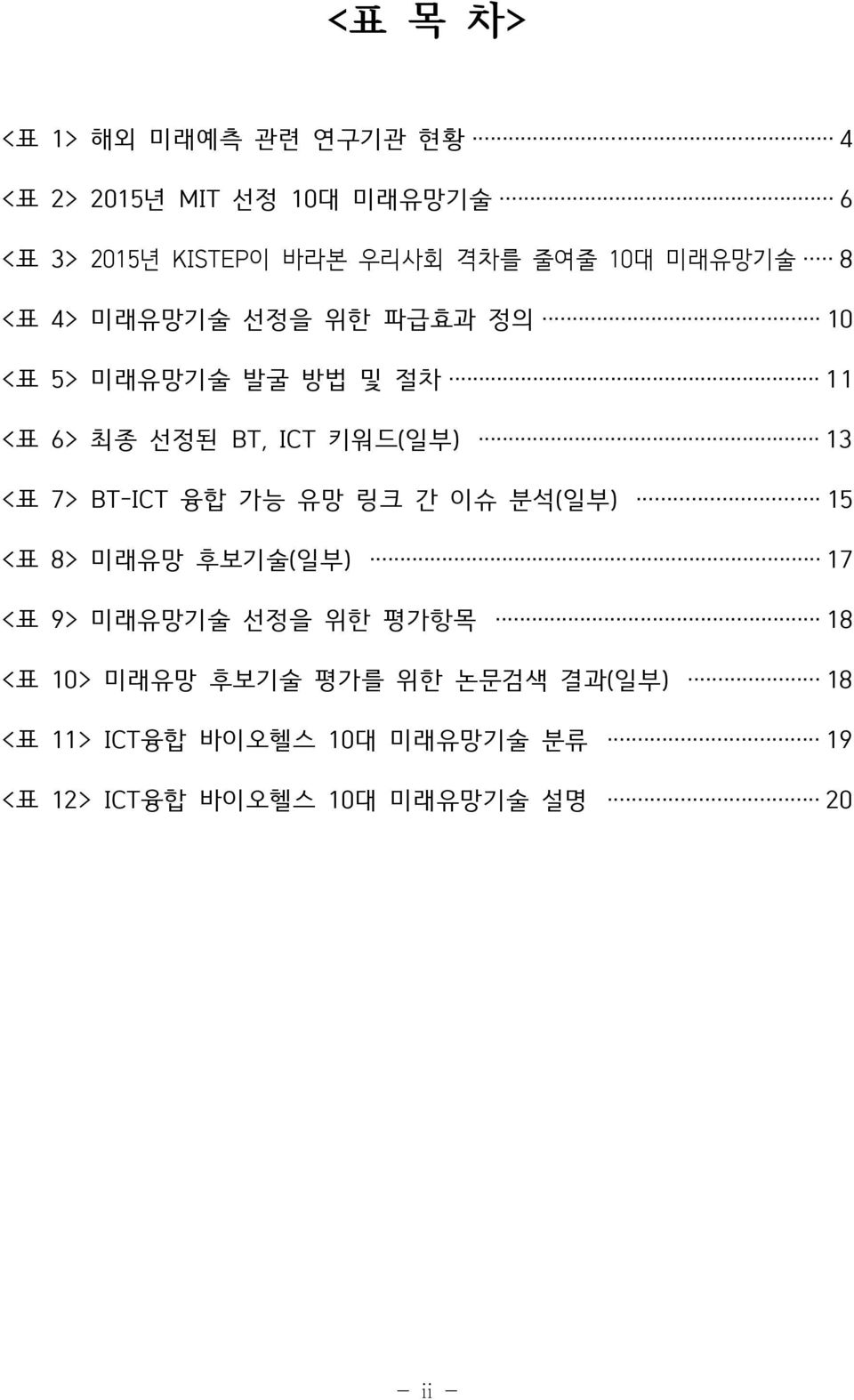 <표 7> BT-ICT 융합 가능 유망 링크 간 이슈 분석(일부) 15 <표 8> 미래유망 후보기술(일부) 17 <표 9> 미래유망기술 선정을 위한 평가항목 18 <표 10> 미래유망