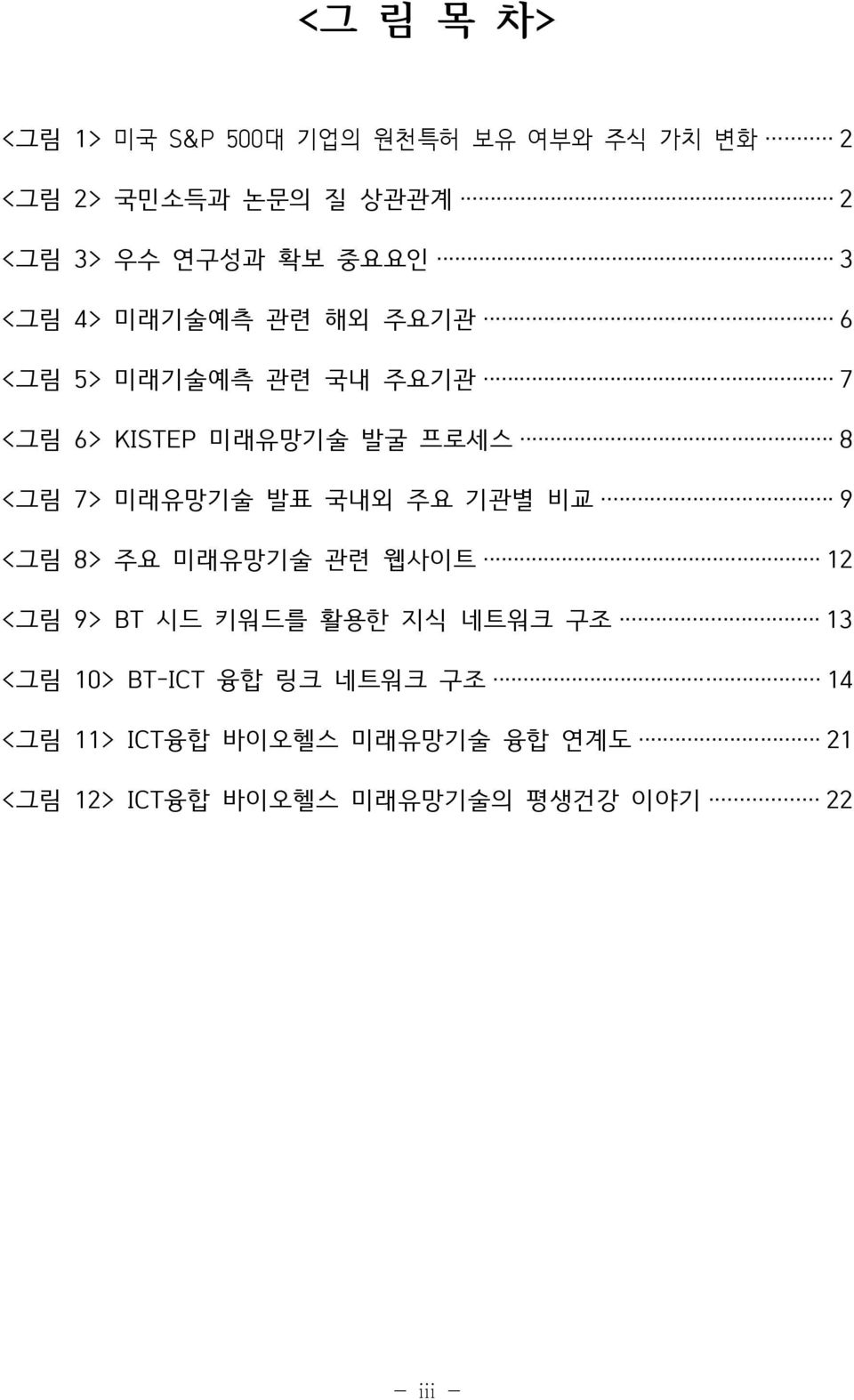 미래유망기술 발표 국내외 주요 기관별 비교 9 <그림 8> 주요 미래유망기술 관련 웹사이트 12 <그림 9> BT 시드 키워드를 활용한 지식 네트워크 구조 13 <그림 10>