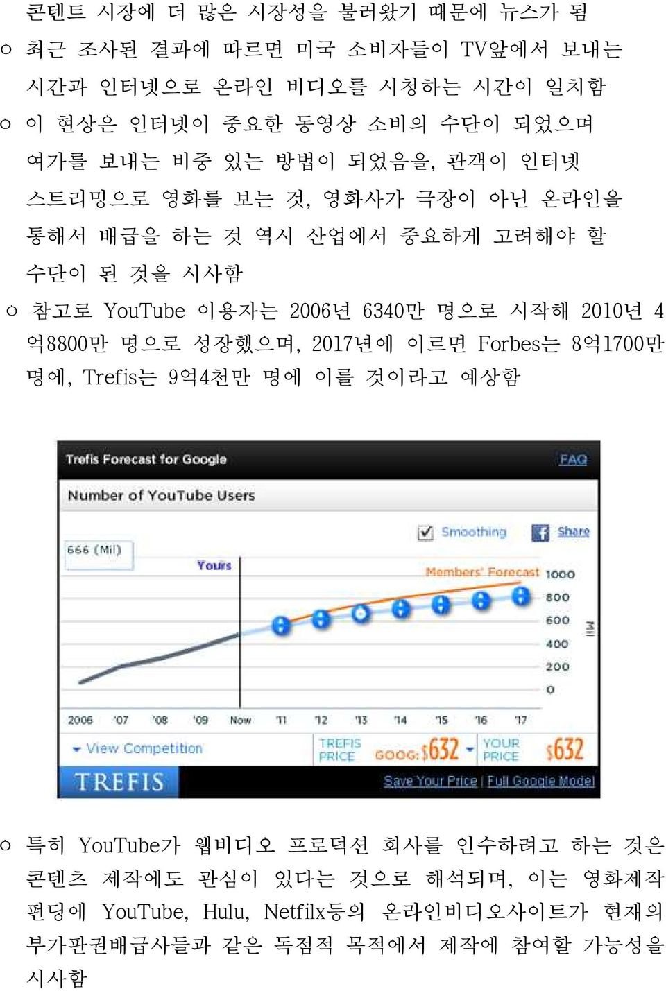 이용자는 2006년 6340만 명으로 시작해 2010년 4 억8800만 명으로 성장했으며, 2017년에 이르면 Forbes는 8억1700만 명에, Trefis는 9억4천만 명에 이를 것이라고 예상함 ㅇ 특히 YouTube가 웹비디오