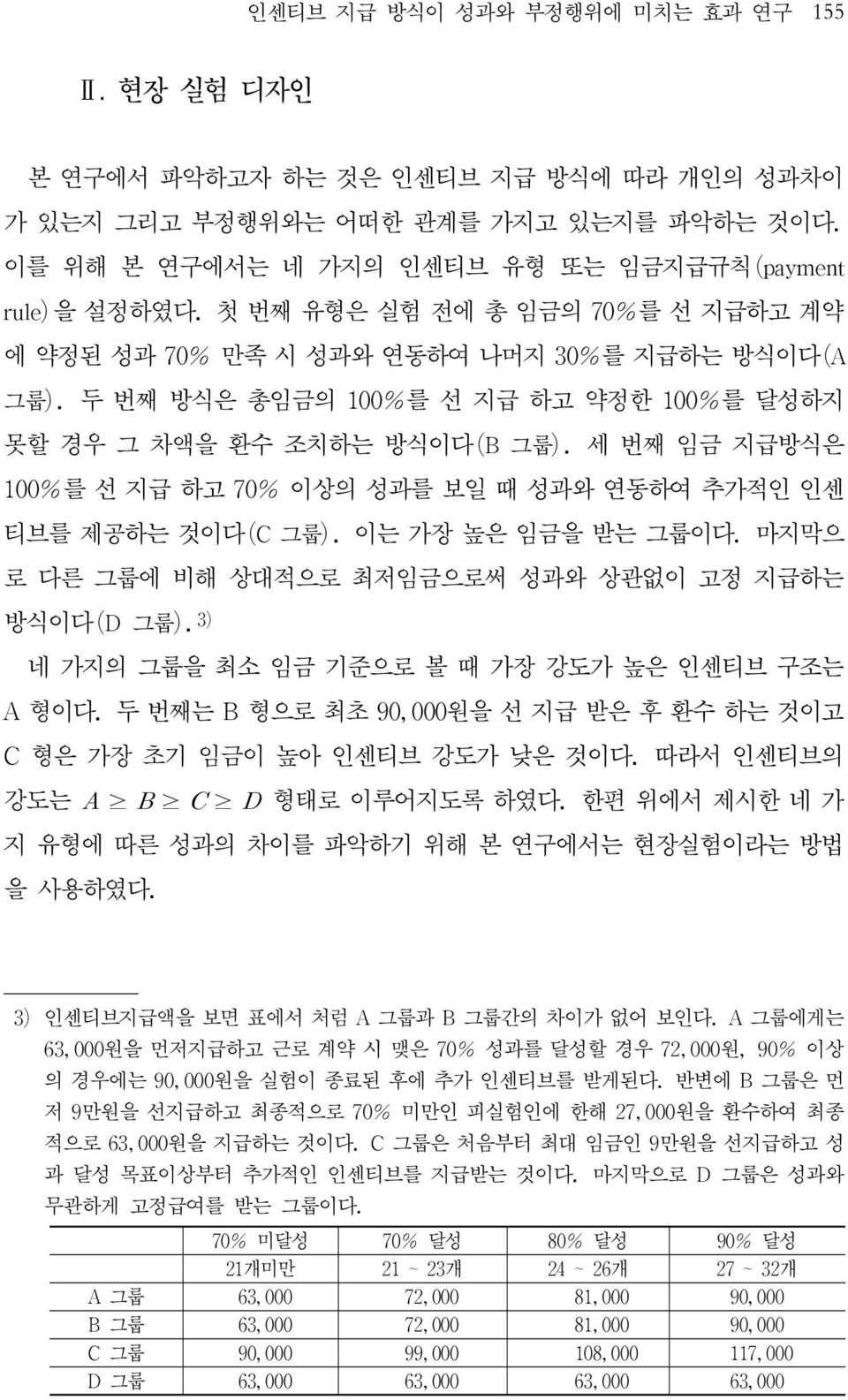 세 번째 임금 지급방식은 100%를 선 지급 하고 70% 이상의 성과를 보일 때 성과와 연동하여 추가적인 인센 티브를 제공하는 것이다(C 그룹). 이는 가장 높은 임금을 받는 그룹이다. 마지막으 로 다른 그룹에 비해 상대적으로 최저임금으로써 성과와 상관없이 고정 지급하는 방식이다(D 그룹).