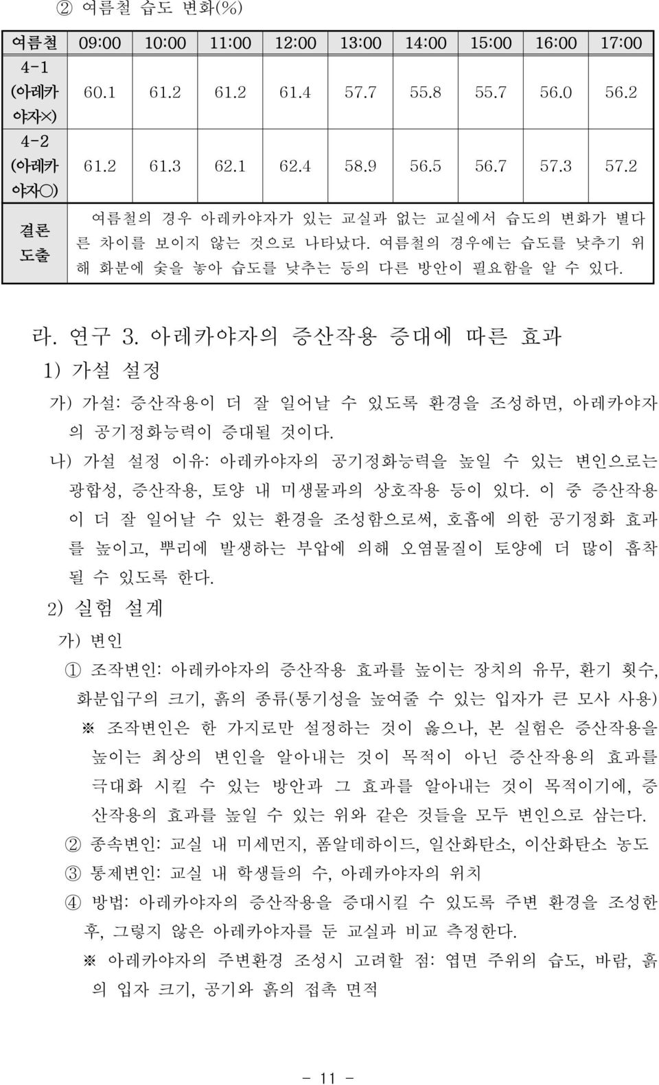 아레카야자의 증산작용 증대에 따른 효과 1)가설 설정 가)가설:증산작용이 더 잘 일어날 수 있도록 환경을 조성하면,아레카야자 의 공기정화능력이 증대될 것이다. 나)가설 설정 이유:아레카야자의 공기정화능력을 높일 수 있는 변인으로는 광합성,증산작용,토양 내 미생물과의 상호작용 등이 있다.