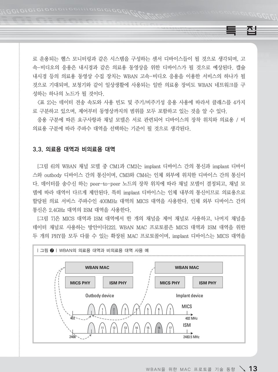 <표 2>는 데이터 전송 속도와 사용 빈도 및 주기/비주기성 응용 사용에 따라서 클래스를 4가지 로 구분하고 있으며, 제어부터 동영상까지의 범위를 모두 포함하고 있는 것을 알 수 있다. 응용 구분에 따른 요구사항과 채널 모델은 서로 관련되어 디바이스의 장착 위치와 의료용 / 비 의료용 구분에 따라 주파수 대역을 선택하는 기준이 될 것으로 생각된다. 3.