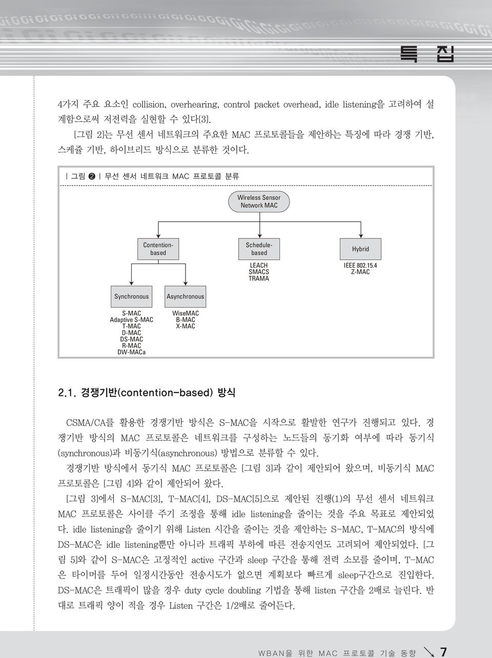 4 Z-MAC Synchronous S-MAC Adaptive S-MAC T-MAC D-MAC DS-MAC R-MAC DW-MACa Asynchronous WiseMAC B-MAC X-MAC 2.1. 경쟁기반(contention-based) 방식 CSMA/CA를 활용한 경쟁기반 방식은 S-MAC을 시작으로 활발한 연구가 진행되고 있다.