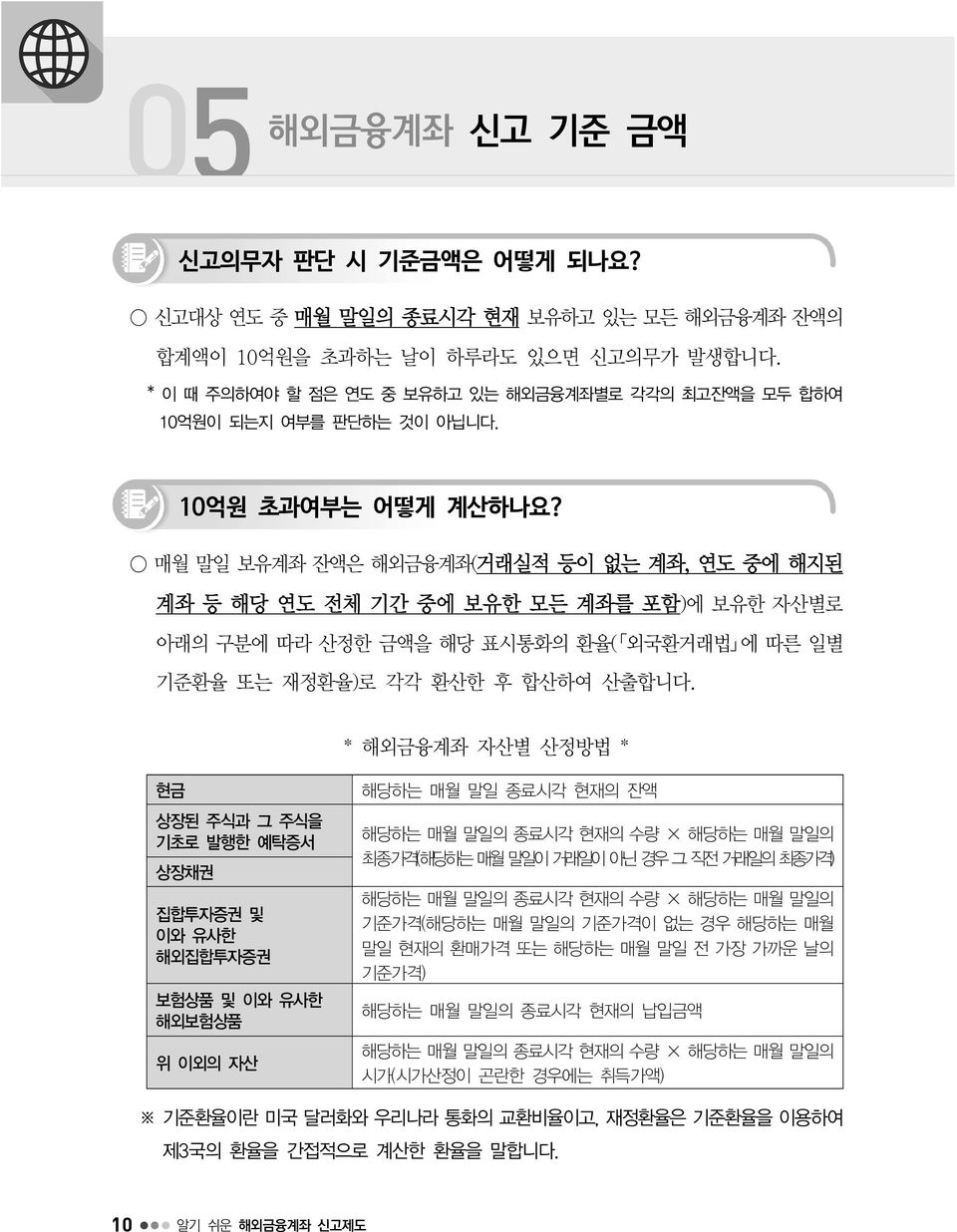 매월 말일 보유계좌 잔액은 해외금융계좌(거래실적 등이 없는 계좌, 연도 중에 해지된 계좌 등 해당 연도 전체 기간 중에 보유한 모든 계좌를 포함)에 보유한 자산별로 아래의 구분에 따라 산정한 금액을 해당 표시통화의 환율( 외국환거래법 에 따른 일별 기준환율 또는 재정환율)로 각각 환산한 후 합산하여 산출합니다.