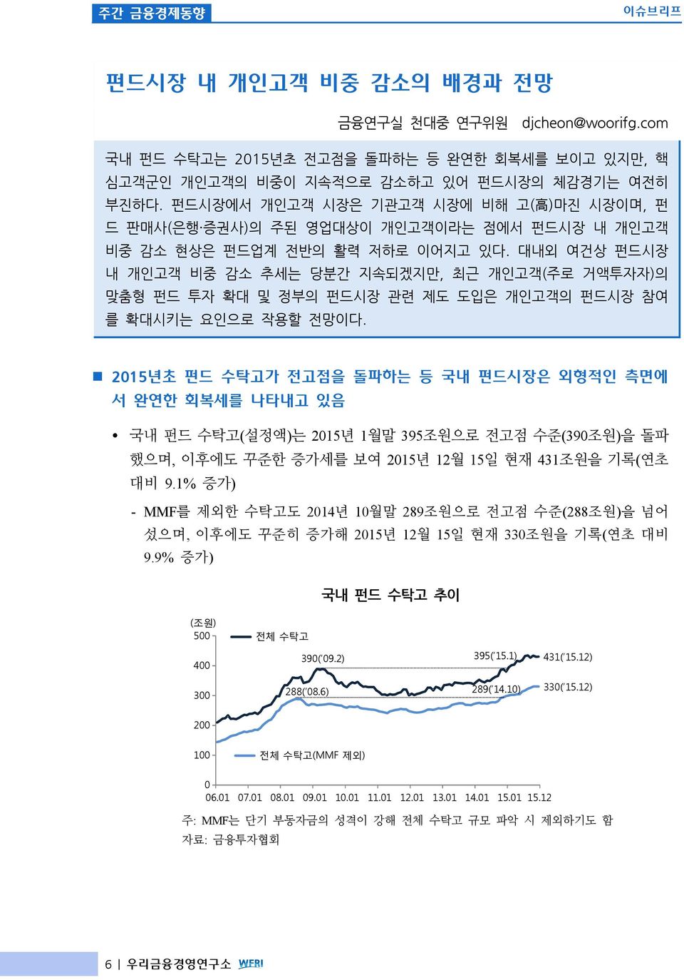 대내외 여건상 펀드시장 내 개인고객 비중 감소 추세는 당분간 지속되겠지만, 최근 개인고객(주로 거액투자자)의 맞춤형 펀드 투자 확대 및 정부의 펀드시장 관련 제도 도입은 개인고객의 펀드시장 참여 를 확대시키는 요인으로 작용할 전망이다.