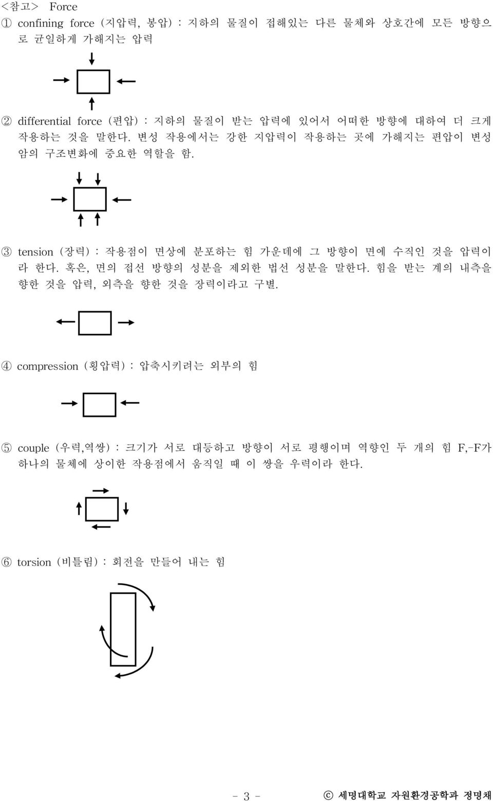 3 tension (장력) : 작용점이 면상에 분포하는 힘 가운데에 그 방향이 면에 수직인 것을 압력이 라 한다. 혹은, 면의 접선 방향의 성분을 제외한 법선 성분을 말한다.