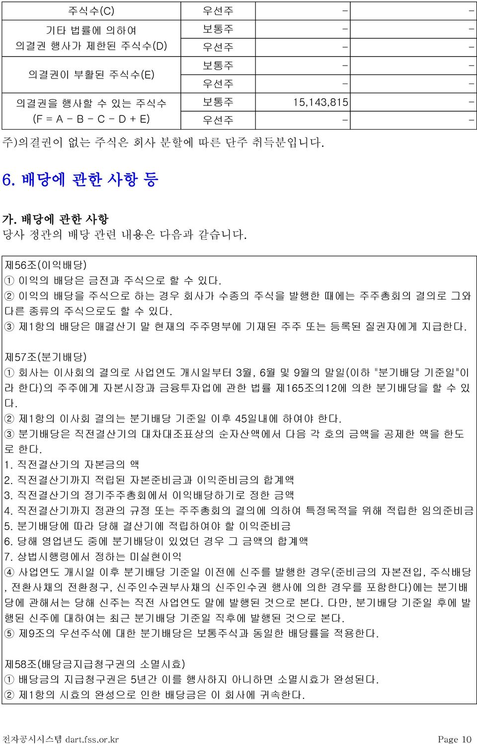 3 제1항의 배당은 매결산기 말 현재의 주주명부에 기재된 주주 또는 등록된 질권자에게 지급한다. 제57조(분기배당) 1 회사는 이사회의 결의로 사업연도 개시일부터 3월, 6월 및 9월의 말일(이하 "분기배당 기준일"이 라 한다)의 주주에게 자본시장과 금융투자업에 관한 법률 제165조의12에 의한 분기배당을 할 수 있 다.