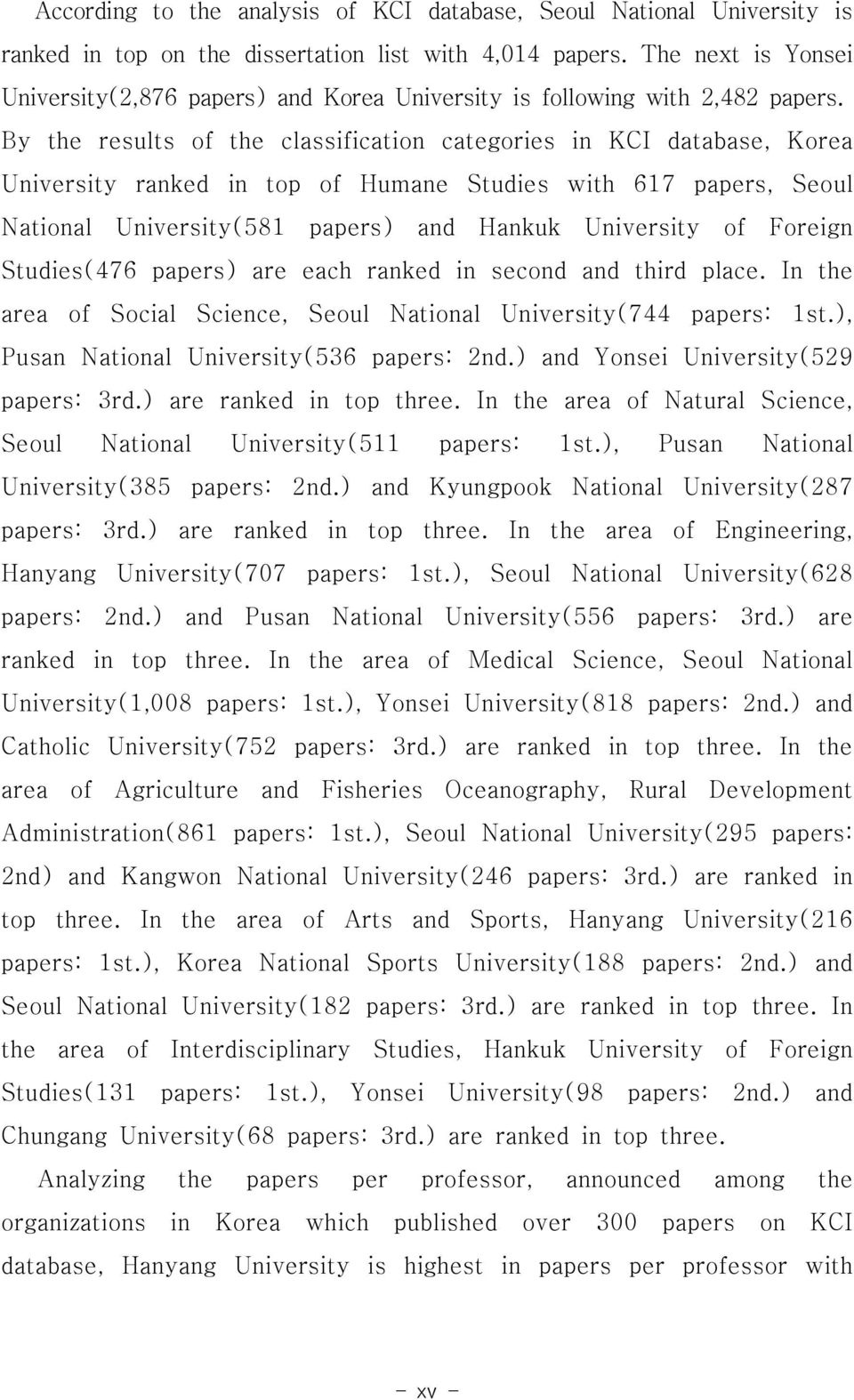 By the results of the classification categories in KCI database, Korea University ranked in top of Humane Studies with 617 papers, Seoul National University(581 papers) and Hankuk University of
