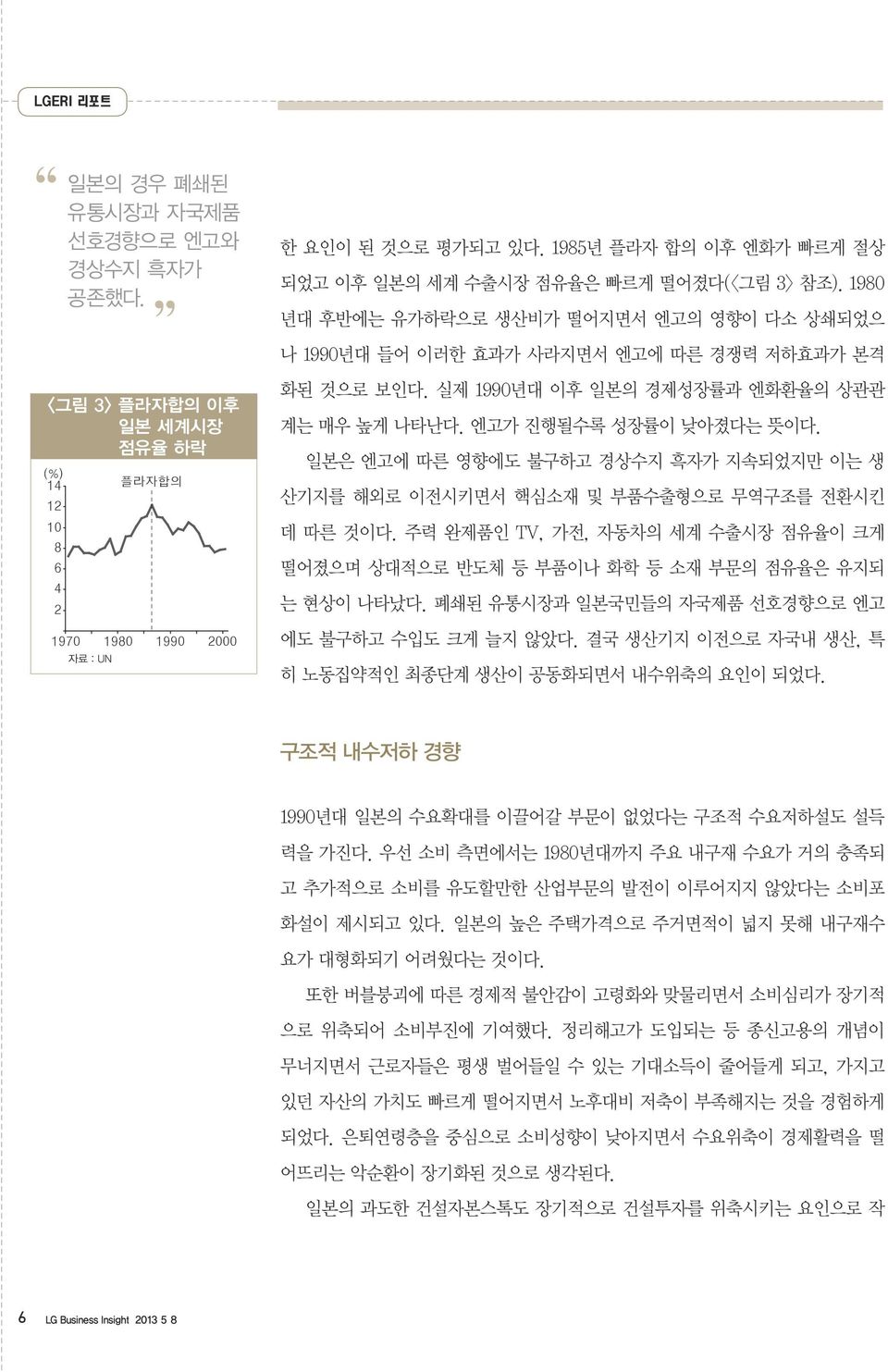 실제 1990년대 이후 일본의 경제성장률과 엔화환율의 상관관 계는 매우 높게 나타난다. 엔고가 진행될수록 성장률이 낮아졌다는 뜻이다. 일본은 엔고에 따른 영향에도 불구하고 경상수지 흑자가 지속되었지만 이는 생 산기지를 해외로 이전시키면서 핵심소재 및 부품수출형으로 무역구조를 전환시킨 데 따른 것이다.