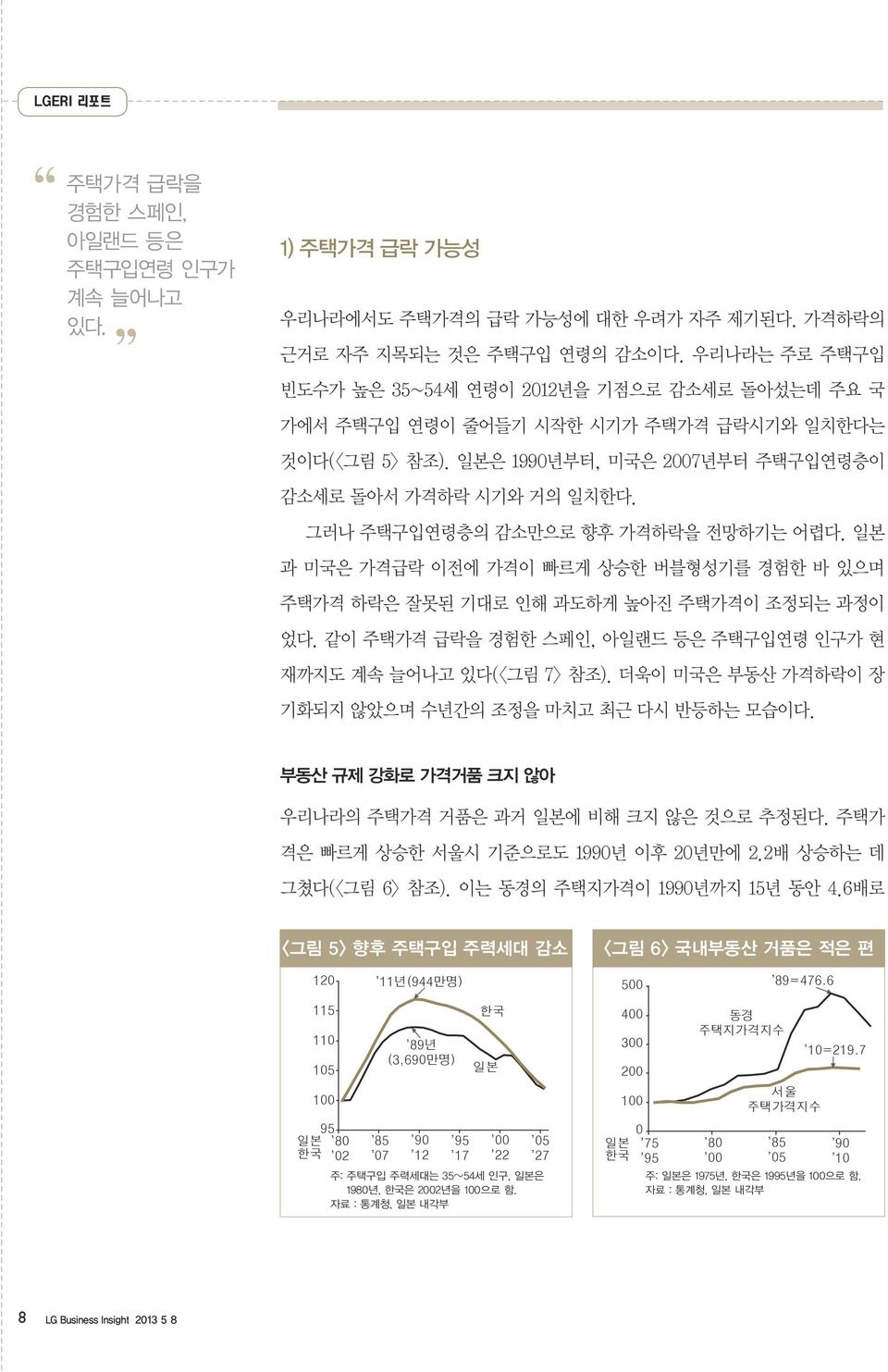 그러나 주택구입연령층의 감소만으로 향후 가격하락을 전망하기는 어렵다. 일본 과 미국은 가격급락 이전에 가격이 빠르게 상승한 버블형성기를 경험한 바 있으며 주택가격 하락은 잘못된 기대로 인해 과도하게 높아진 주택가격이 조정되는 과정이 었다.