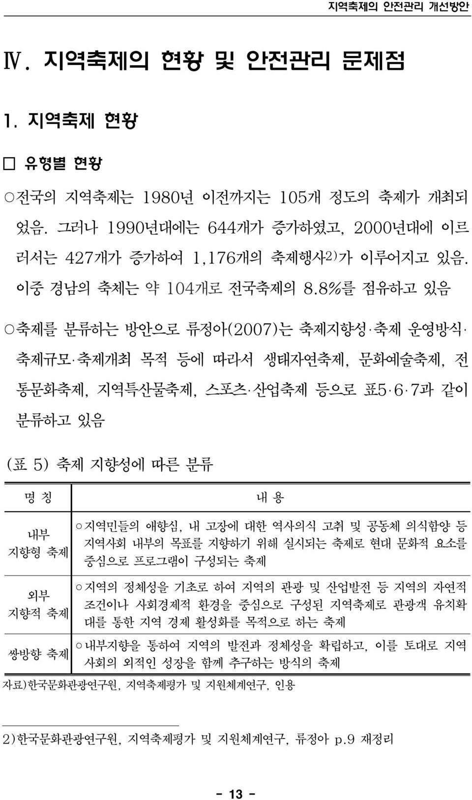 8%를 점유하고 있음 축제를 분류하는 방안으로 류정아(2007)는 축제지향성 축제 운영방식 축제규모 축제개최 목적 등에 따라서 생태자연축제, 문화예술축제, 전 통문화축제, 지역특산물축제, 스포츠 산업축제 등으로 표5 6 7과 같이 분류하고 있음 (표 5) 축제 지향성에 따른 분류 명 칭 내 용 지역민들의 애향심, 내 고장에 대한