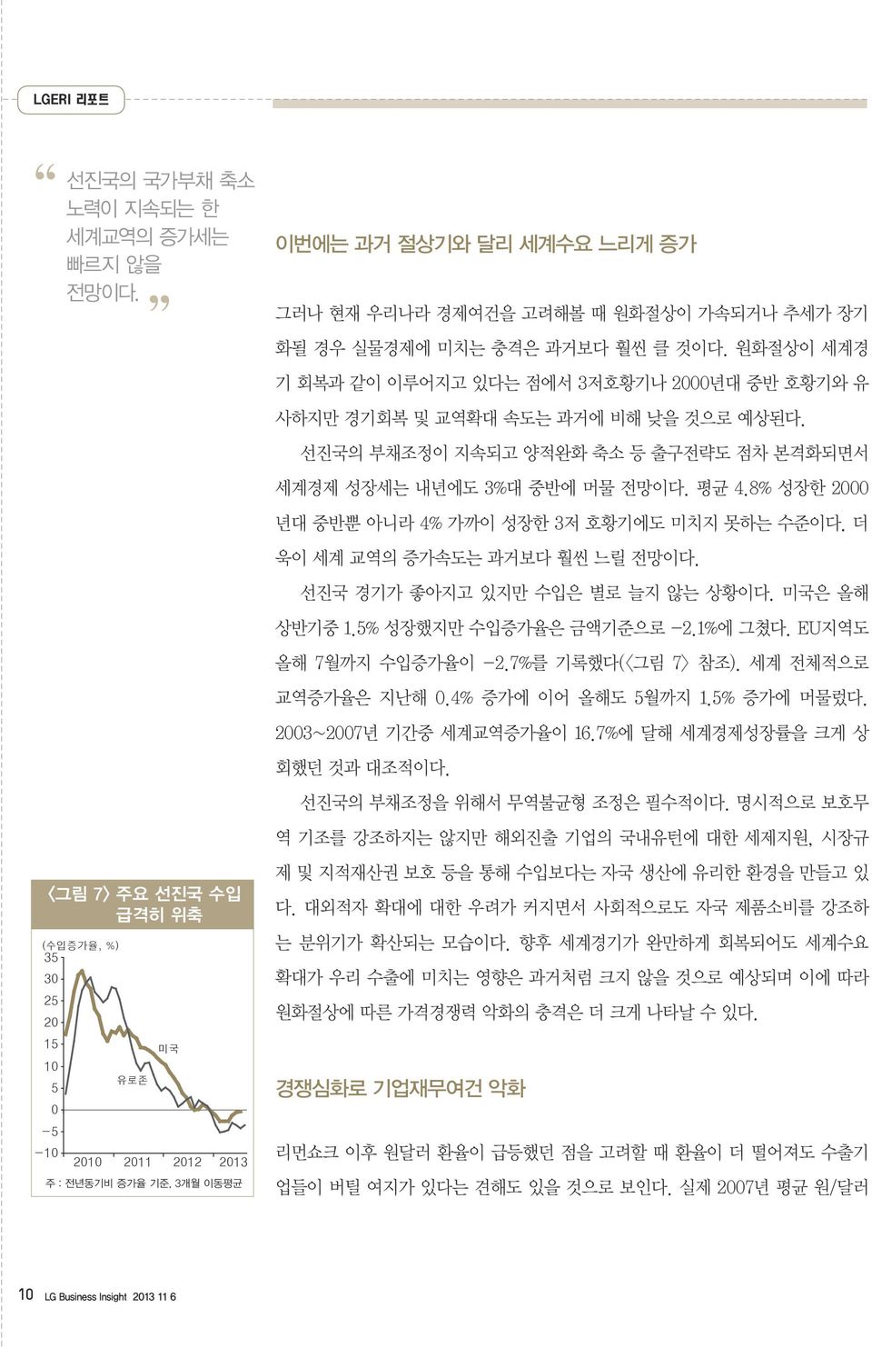 과거보다 훨씬 클 것이다. 원화절상이 세계경 기 회복과 같이 이루어지고 있다는 점에서 3저호황기나 2년대 중반 호황기와 유 사하지만 경기회복 및 교역확대 속도는 과거에 비해 낮을 것으로 예상된다. 선진국의 부채조정이 지속되고 양적완화 축소 등 출구전략도 점차 본격화되면서 세계경제 성장세는 내년에도 3%대 중반에 머물 전망이다. 평균 4.