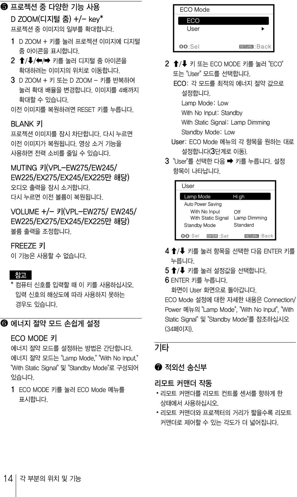 2 1/2 키또는 ECO MODE 키를눌러 "ECO" 또는 "User" 모드를선택합니다. ECO: 각모드를최적의에너지절약값으로설정합니다.