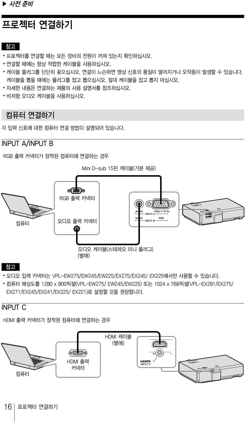 INPUT A/INPUT B RGB 출력커넥터가장착된컴퓨터에연결하는경우 Mini D-sub 15핀케이블 ( 기본제공 ) RGB 출력커넥터 컴퓨터 오디오출력커넥터 참고 오디오입력커넥터는 VPL-EW275/EW245/EW225/EX275/EX245/ EX225 에서만사용할수있습니다.