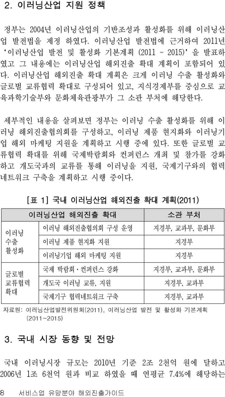 또한 글로벌 교 류협력 확대를 위해 국제박람회와 컨퍼런스 개최 및 참가를 강화 하고 개도국과의 교류를 통해 이러닝을 지원, 국제기구와의 협력 네트워크 구축을 계획하고 시행 중이다.