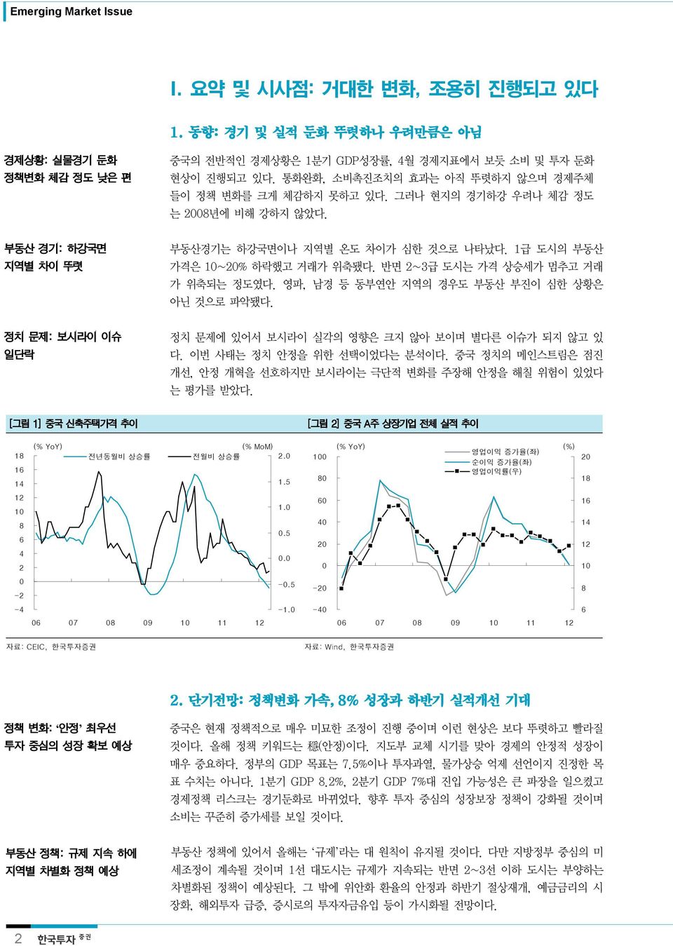 1급 도시의 부동산 가격은 10~20% 하락했고 거래가 위축됐다. 반면 2~3급 도시는 가격 상승세가 멈추고 거래 가 위축되는 정도였다. 영파, 남경 등 동부연안 지역의 경우도 부동산 부진이 심한 상황은 아닌 것으로 파악됐다. 정치 문제: 보시라이 이슈 일단락 정치 문제에 있어서 보시라이 실각의 영향은 크지 않아 보이며 별다른 이슈가 되지 않고 있 다.