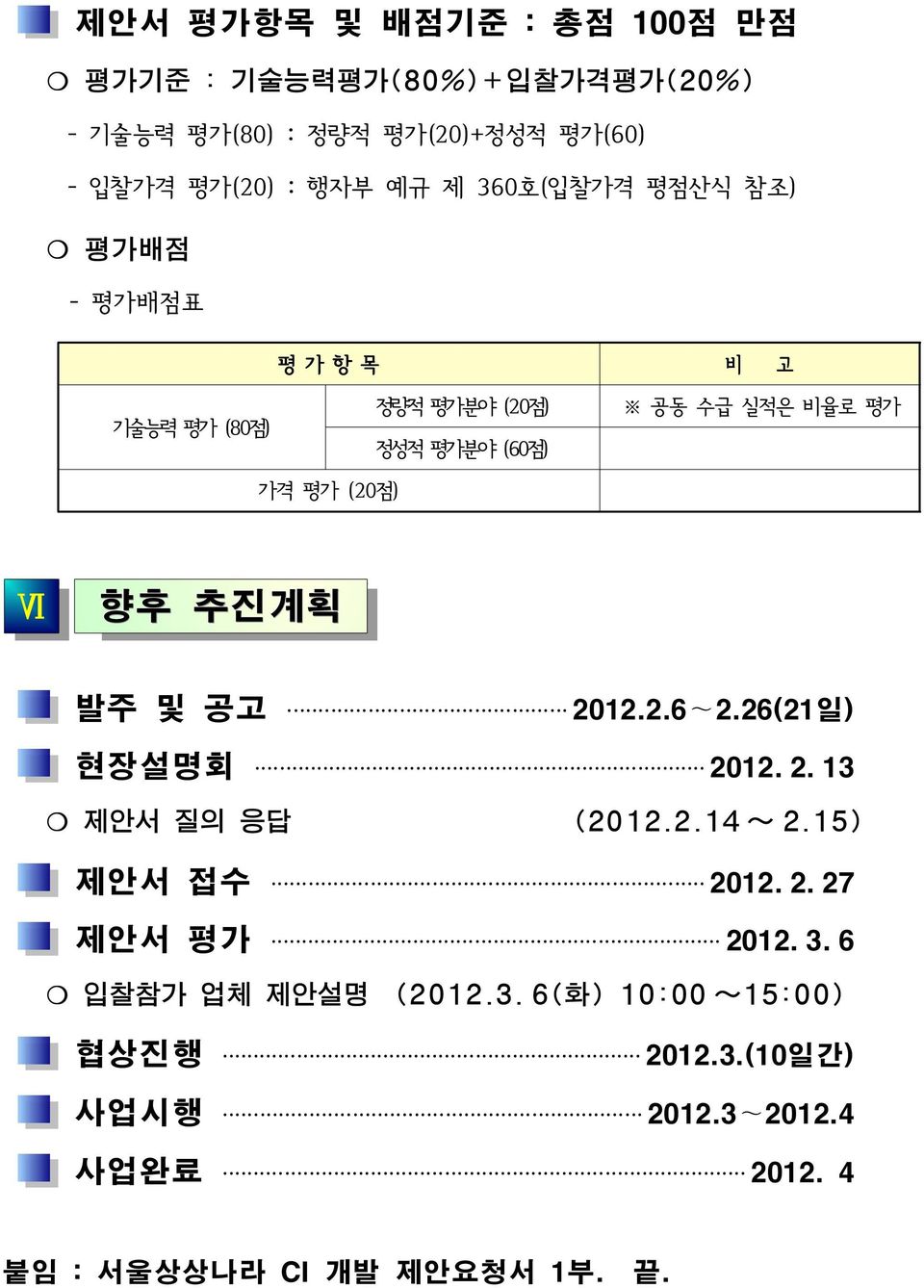 (20점) Ⅵ 향후 추진계획 발주 및 공고 2012.2.6~2.26(21일) 현장설명회 2012.2.13 제안서 질의 응답 (2012.2.14~ 2.15) 제안서 접수 2012.2.27 제안서 평가 2012.