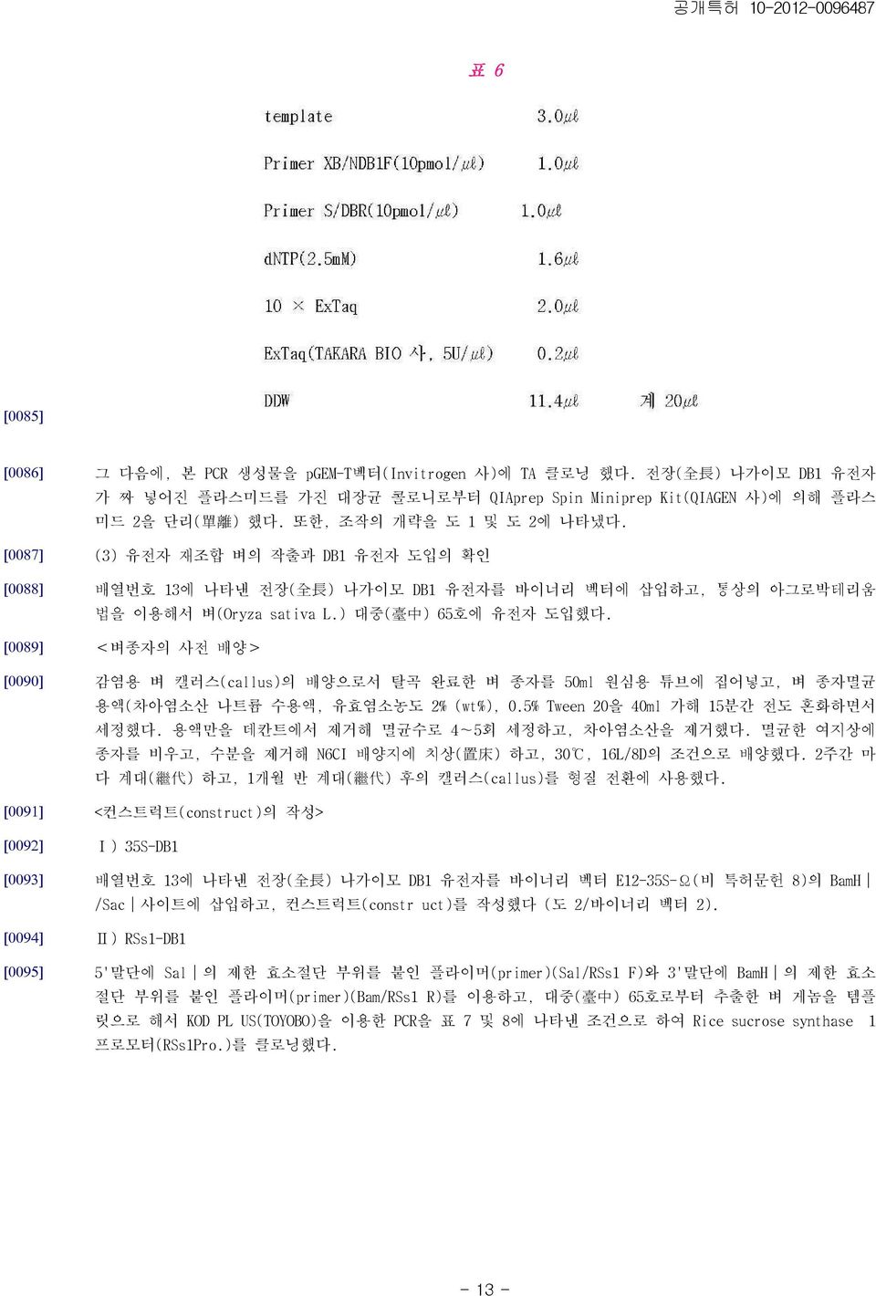 (3) 유전자 재조합 벼의 작출과 DB1 유전자 도입의 확인 배열번호 13에 나타낸 전장( 全 長 ) 나가이모 DB1 유전자를 바이너리 벡터에 삽입하고, 통상의 아그로박테리움 법을 이용해서 벼(Oryza sativa L.) 대중( 臺 中 ) 65호에 유전자 도입했다.