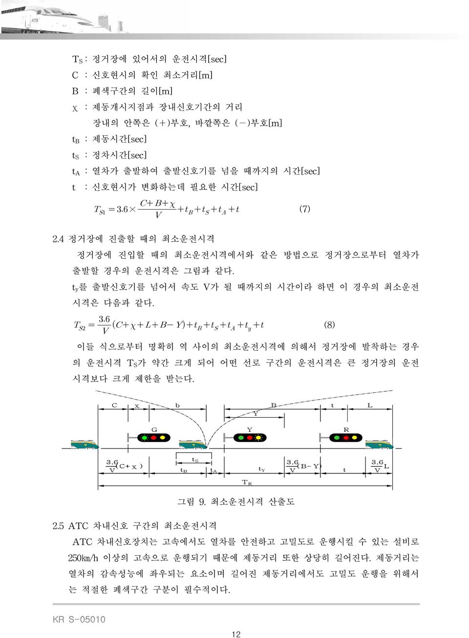 (8) 이들 식으로부터 명확히 역 사이의 최소운전시격에 의해서 정거장에 발착하는 경우 의 운전시격 T S 가 약간 크게 되어 어떤 선로 구간의 운전시격은 큰 정거장의 운전 시격보다 크게 제한을 받는다. C χ b Y B t L G Y R 3.6 V (C+χ ) t S 3.6 t B t A t (B- Y) Y V t 3.