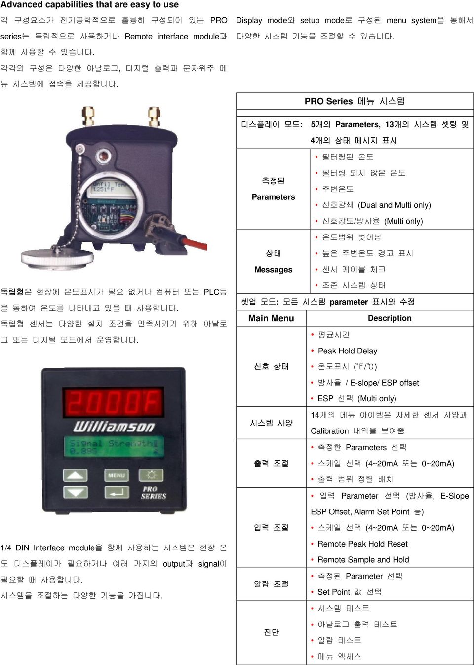 PRO Series 메뉴 시스템 디스플레이 모드: 5개의 Parameters, 13개의 시스템 셋팅 및 4개의 상태 메시지 표시 필터링된 온도 측정된 Parameters 필터링 되지 않은 온도 주변온도 신호감쇄 (Dual and Multi only) 신호강도/방사율 (Multi only) 온도범위 벗어남 상태 Messages 높은 주변온도 경고 표시 센서