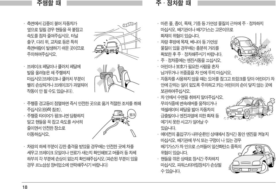 주행중 타이어가 펑크나면 당황하지 펑크 말고 핸들을 꼭 잡고 속도를 서서히 줄이면서 안전한 장소로 이동하십시오. 차량의 하체 부분이 강한 충격을 받았을 경우에는 안전한 곳에 차를 세우고 브레이크 오일이나 연료가 새는지 확인해보고 머플러 등 차체 하부의 각 부분에 손상이 없는지 확인해주십시오.