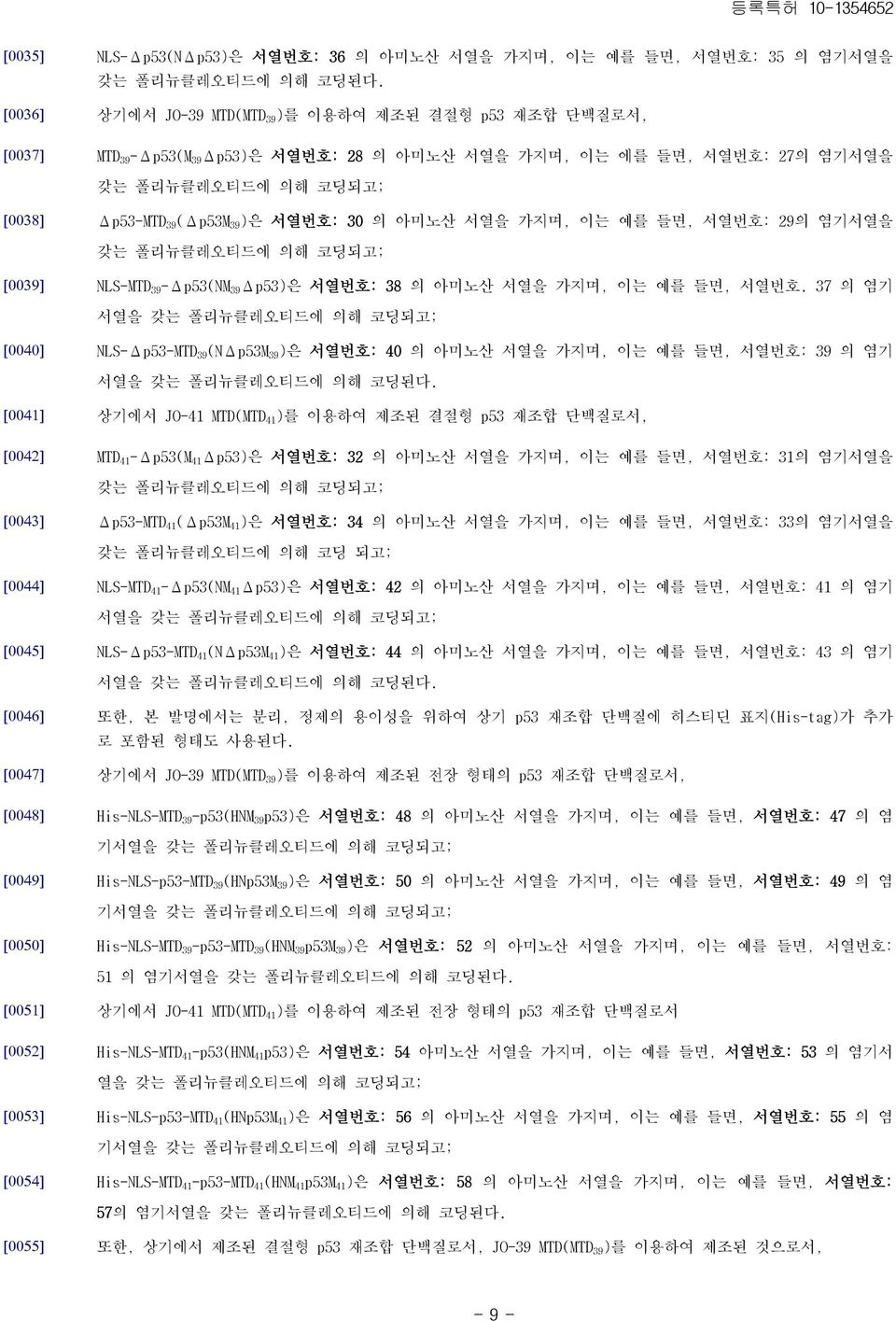 서열을 가지며, 이는 예를 들면, 서열번호: 29의 염기서열을 갖는 폴리뉴클레오티드에 의해 코딩되고; [0039] NLS-MTD 39 -Δp53(NM 39 Δp53)은 서열번호: 38 의 아미노산 서열을 가지며, 이는 예를 들면, 서열번호.