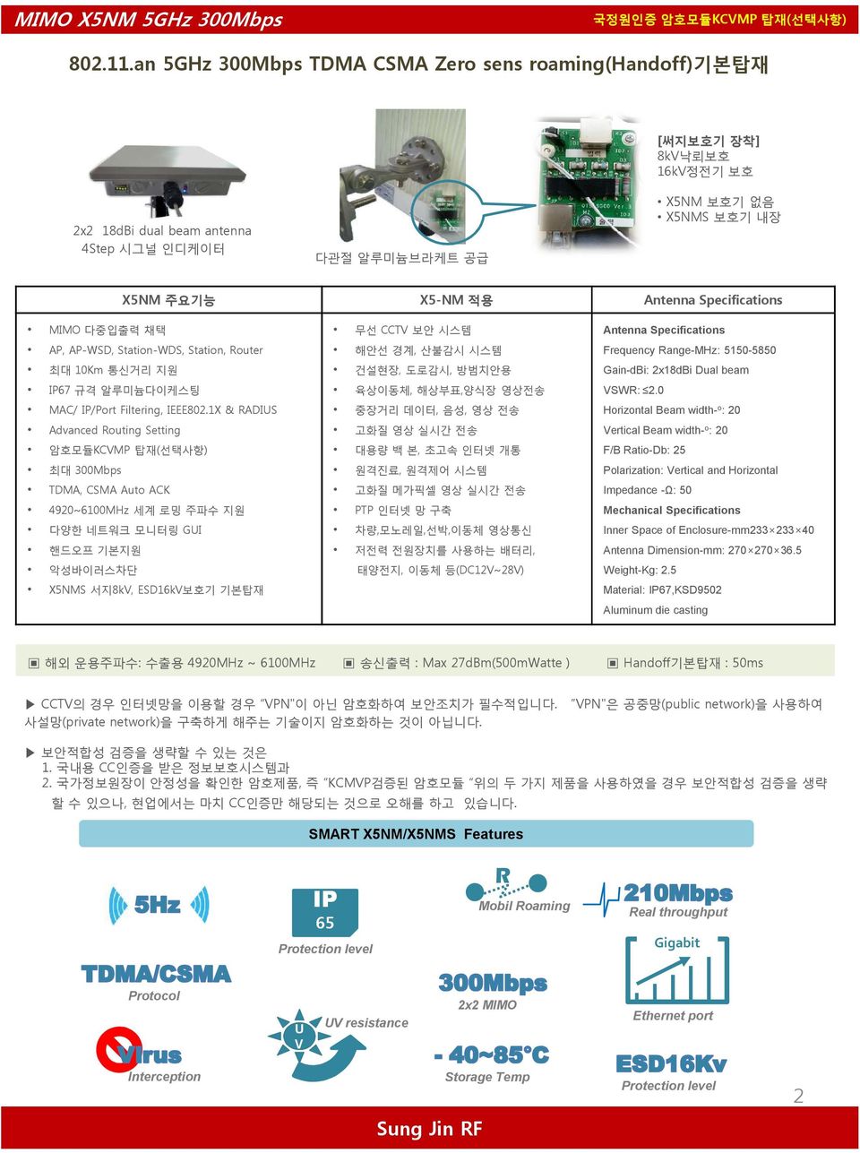 Specifications MIMO 다중입출력 채택 무선 CCTV 보안 시스템 Antenna Specifications AP, AP-WSD, Station-WDS, Station, Router 해안선 경계, 산불감시 시스템 Frequency Range-MHz: 5150-5850 최대 10Km 통신거리 지원 건설현장, 도로감시, 방범치안용 Gain-dBi: