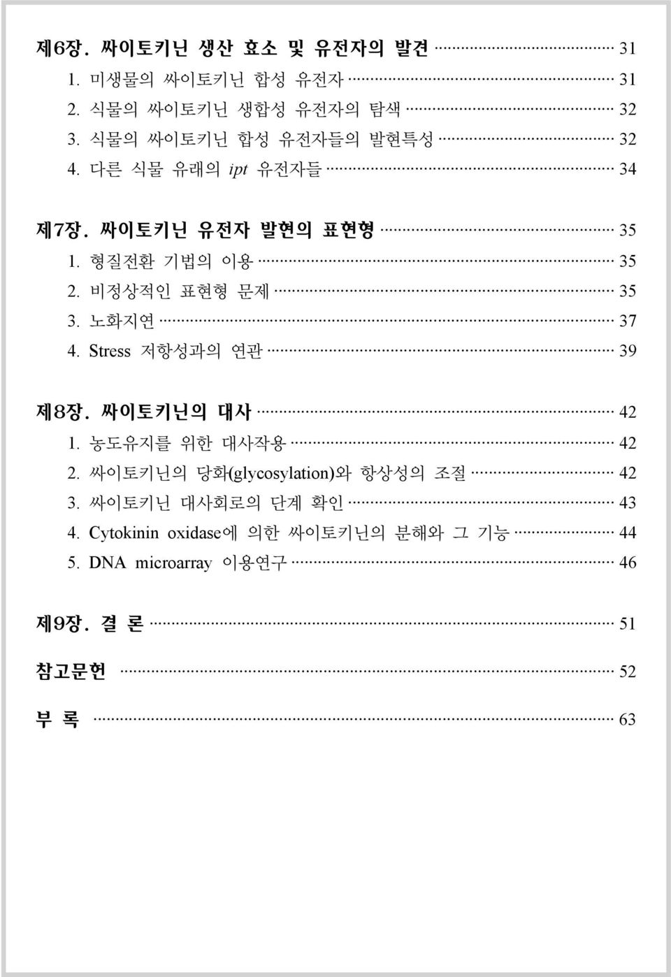 비정상적인 표현형 문제 35 3. 노화지연 37 4. Stress 저항성과의 연관 39 제8장. 싸이토키닌의 대사 42 1. 농도유지를 위한 대사작용 42 2.