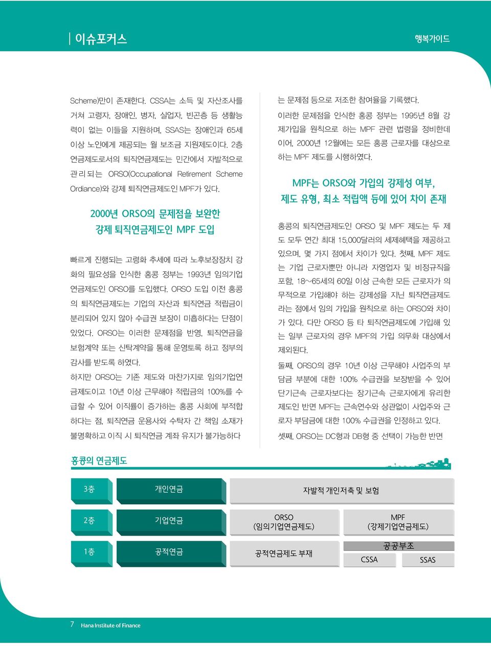 2000년 ORSO의 문제점을 보완한 강제 퇴직연금제도인 MPF 도입 빠르게 진행되는 고령화 추세에 따라 노후보장장치 강 화의 필요성을 인식한 홍콩 정부는 1993년 임의기업 연금제도인 ORSO를 도입했다. ORSO 도입 이전 홍콩 의 퇴직연금제도는 기업의 자산과 퇴직연금 적립금이 분리되어 있지 않아 수급권 보장이 미흡하다는 단점이 있었다.