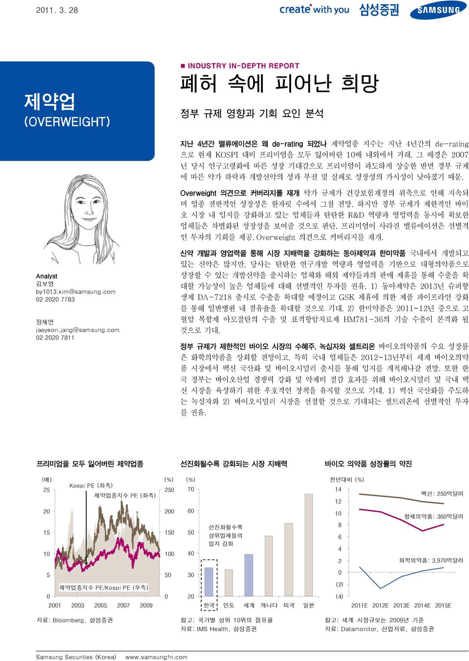 하지만 정부 규제가 제한적인 바이 오 시장 내 입지를 강화하고 있는 업체들과 탄탄한 R&D 역량과 영업력을 동시에 확보한 업체들은 차별화된 성장성을 보여줄 것으로 판단. 프리미엄이 사라진 밸류에이션은 선별적 인 투자의 기회를 제공. Overweight 의견으로 커버리지를 재개. Analyst 김보영 by113.kim@samsung.