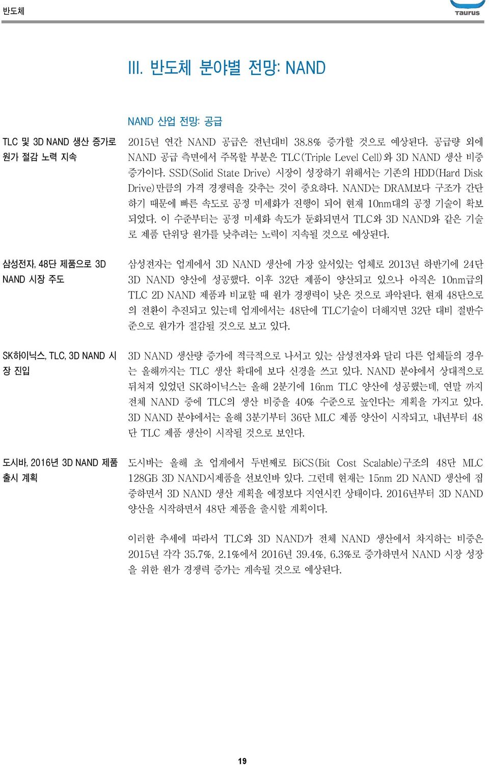 이 수준부터는 공정 미세화 속도가 둔화되면서 TLC와 3D NAND와 같은 기술 로 제품 단위당 원가를 낮추려는 노력이 지속될 것으로 예상된다. 삼성전자, 48단 제품으로 3D NAND 시장 주도 삼성전자는 업계에서 3D NAND 생산에 가장 앞서있는 업체로 213년 하반기에 24단 3D NAND 양산에 성공했다.