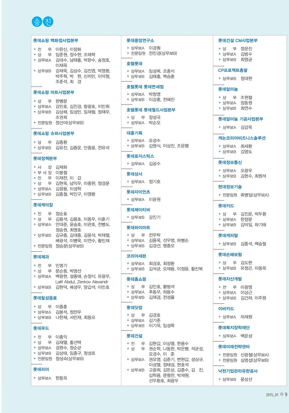 안대준, 윤승호, 이관호, 전병도, 정승원, 최영호 상무보B 김규종, 김대중, 김윤석, 박재철, 배광석, 이병욱, 이연수, 황민재 전문임원 정승문(상무보B) 롯데제과 전 무 민명기 상 무 문순동, 박명선 상무보A 백광현, 설종태, 손정식, 유광우, Latif Abdul, Zenkov Alexandr 상무보B 김현덕, 배성우, 양갑석, 이민호 롯데칠성음료