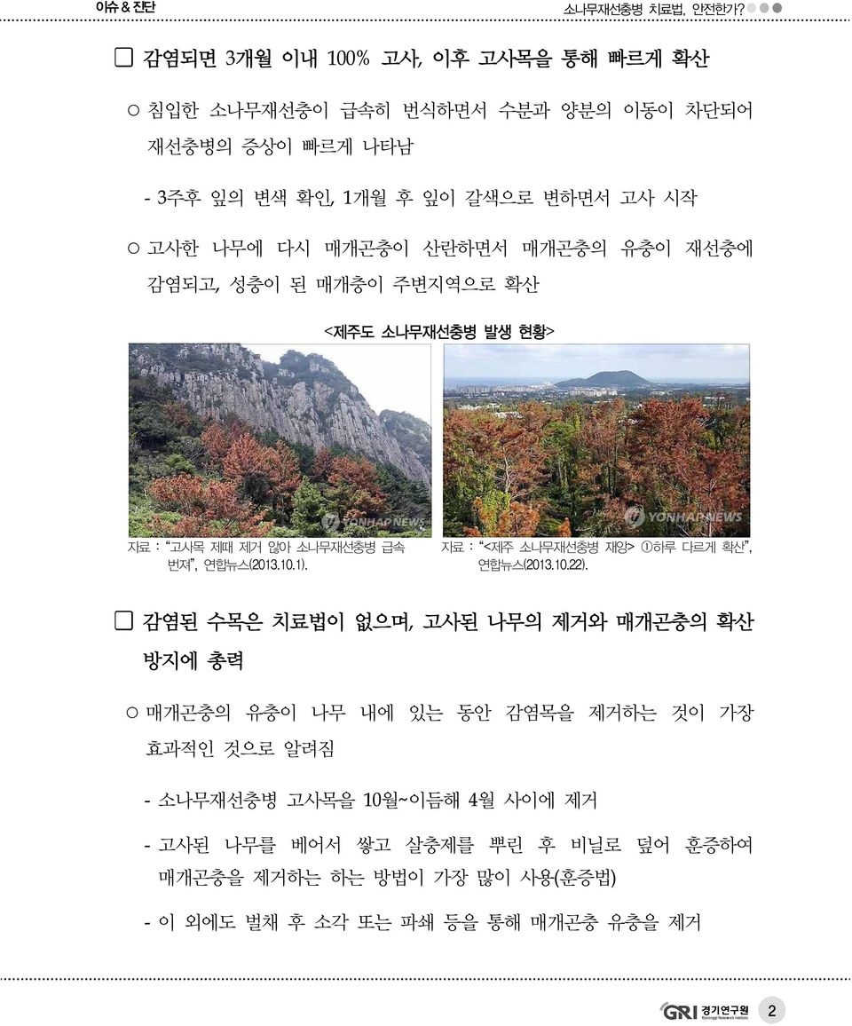 자료 : <제주 소나무재선충병 재앙> 1하루 다르게 확산, 연합뉴스(2013.10.22).