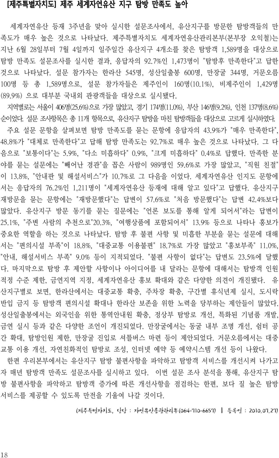 설문 참가자는 한라산 545 명, 성산일출봉 600 명, 만장굴 344 명, 거문오름 100명 등 총 1,589 명으로, 설문 참가자들은 제주인이 160 명(10.1%), 비제주인이 1,429명 (89.9%) 으로 대부분 국내외 관광객들을 대상으로 실시됐다. 지역별로는 서울이 406 명(25.6%) 으로 가장 많았고, 경기 174 명(11.