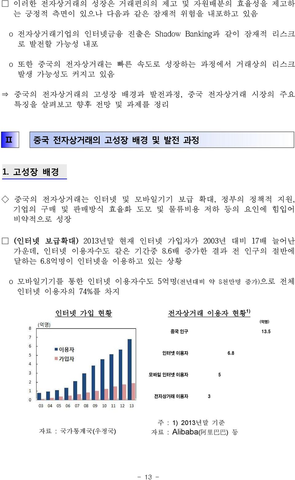 고성장 배경 중국의 전자상거래는 인터넷 및 모바일기기 보급 확대, 정부의 정책적 지원, 기업의 구매 및 판매방식 효율화 도모 및 물류비용 저하 등의 요인에 힘입어 비약적으로 성장 (인터넷 보급확대) 2013년말 현재 인터넷 가입자가 2003년 대비 17배 늘어난 가운데, 인터넷 이용자수도 같은 기간중 8.