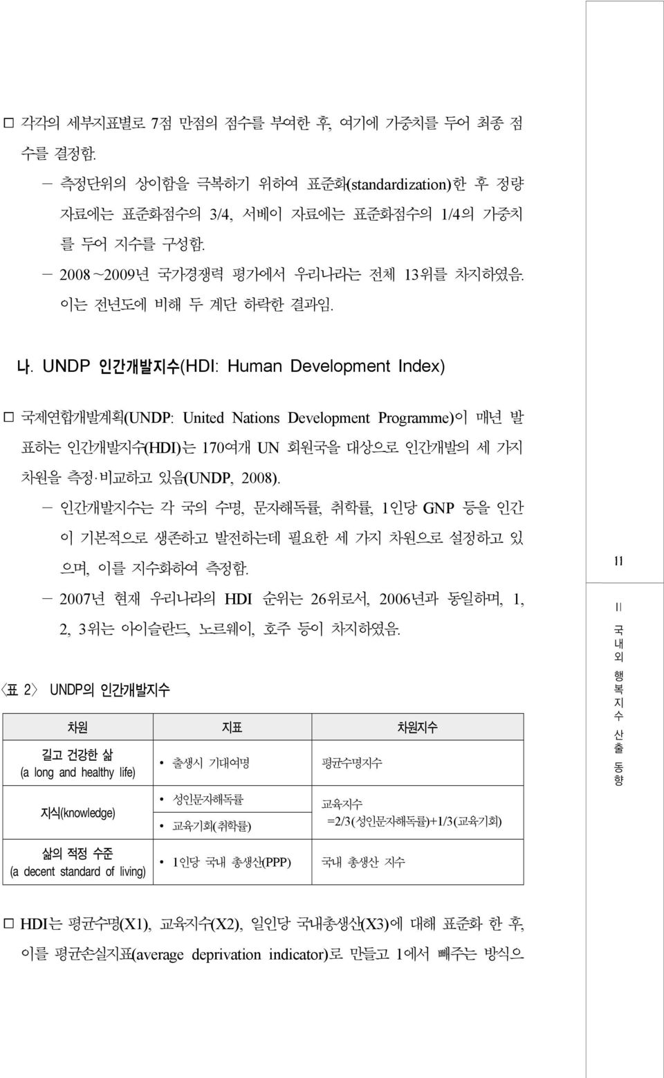 - 인간개발는 각 국의 명, 문자해독률, 취학률, 1인당 GNP 등을 인간 이 기본적으로 생존하고 발전하는데 필요한 세 가 차원으로 설정하고 있 으며, 이를 화하여 측정함. - 2007년 현재 우리나라의 HDI 순위는 26위로서, 2006년과 동일하며, 1, 2, 3위는 아이슬란드, 노르웨이, 호주 등이 차하였음.