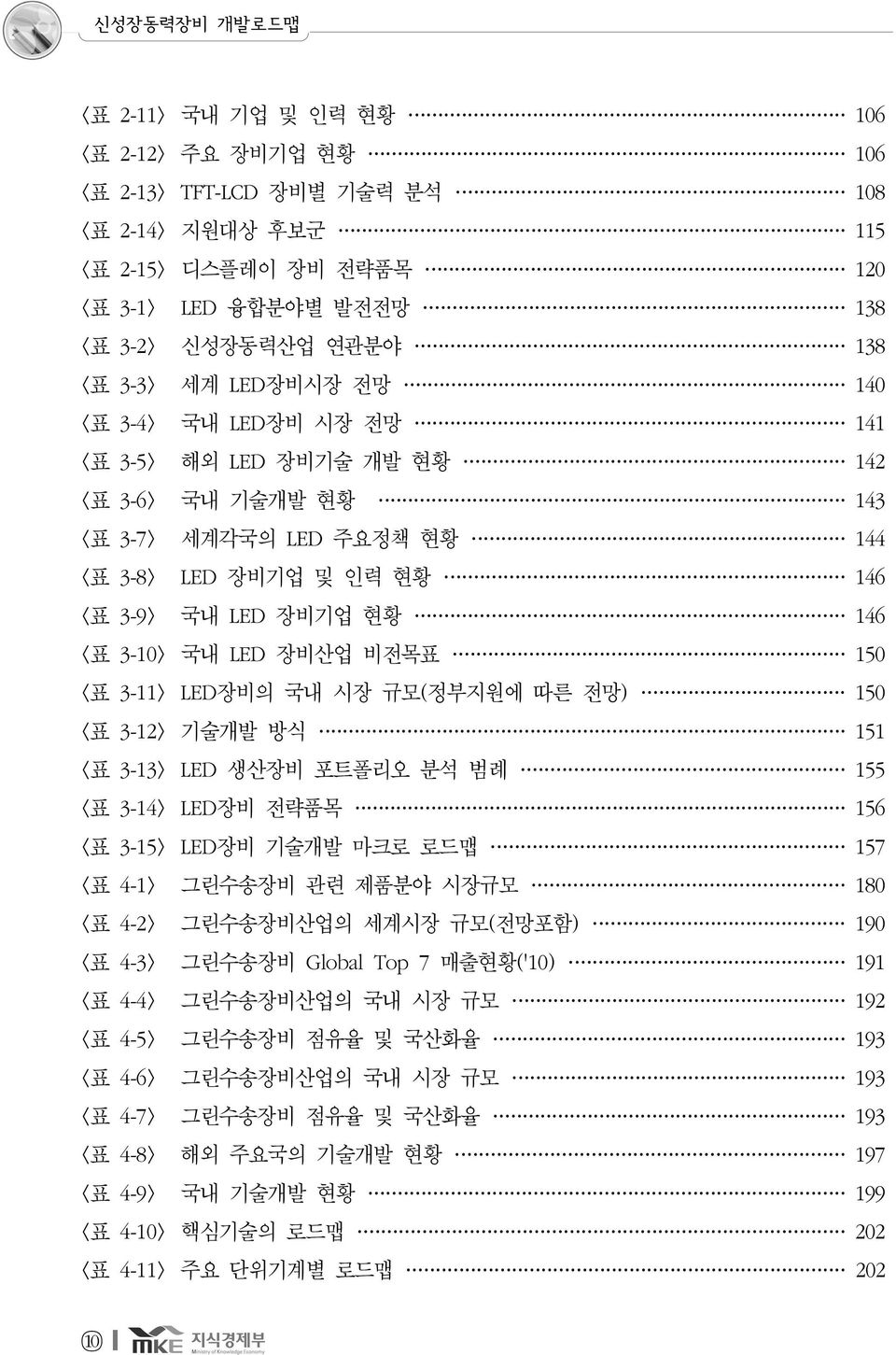 3-10> 국내 LED 장비산업 비전목표 150 <표 3-11> LED장비의 국내 시장 규모(정부지원에 따른 전망) 150 <표 3-12> 기술개발 방식 151 <표 3-13> LED 생산장비 포트폴리오 분석 범례 155 <표 3-14> LED장비 전략품목 156 <표 3-15> LED장비 기술개발 마크로 로드맵 157 <표 4-1> 그린수송장비 관련