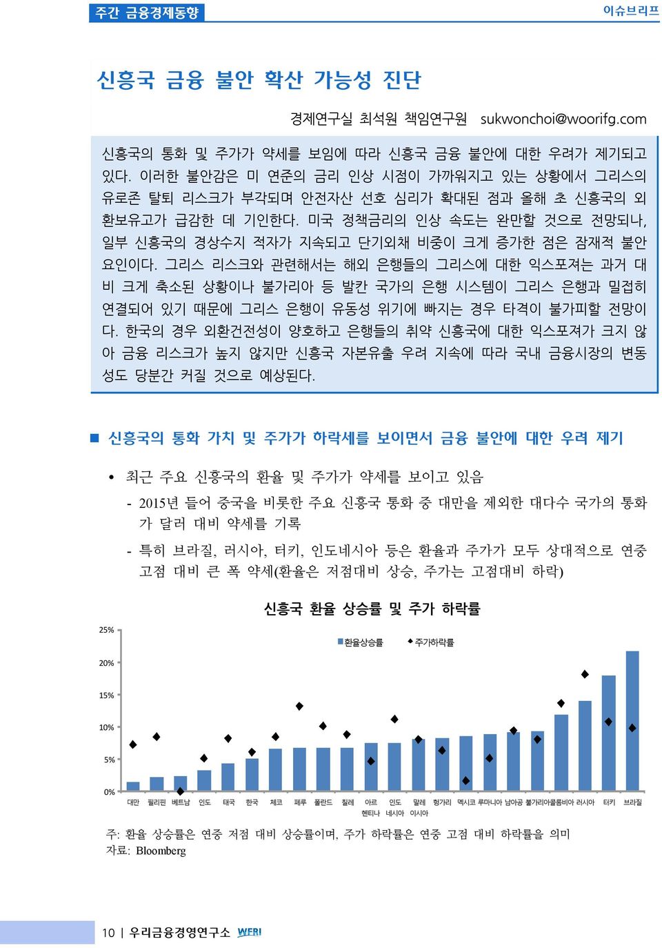 그리스 리스크와 관련해서는 해외 은행들의 그리스에 대한 익스포져는 과거 대 비 크게 축소된 상황이나 불가리아 등 발칸 국가의 은행 시스템이 그리스 은행과 밀접히 연결되어 있기 때문에 그리스 은행이 유동성 위기에 빠지는 경우 타격이 불가피할 전망이 다.