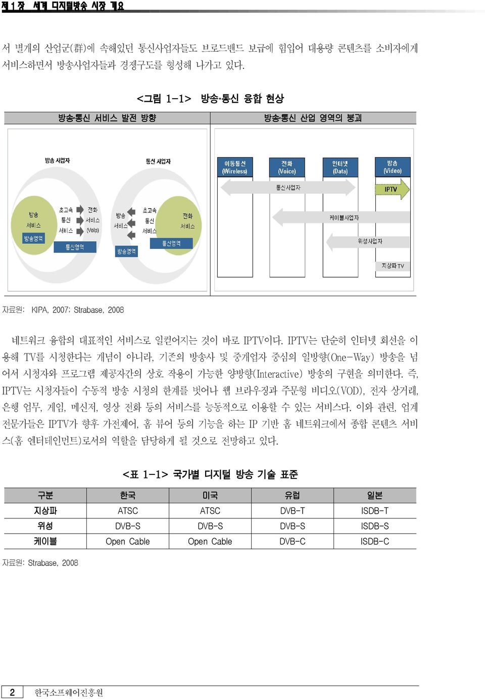 IPTV 는 단순히 인터넷 회선을 이 용해 TV 를 시청한다는 개념이 아니라, 기존의 방송사 및 중개업자 중심의 일방향 (One-Way) 방송을 넘 어서 시청자와 프로그램 제공자간의 상호 작용이 가능한 양방향 (Interactive) 방송의 구현을 의미한다.