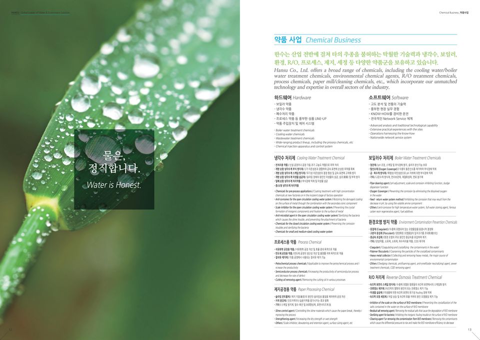 lineup, including the process chemicals, etc - Chemical injection apparatus and control system Cooling Water Treatment Chemical 신설 공장이나 공장 가동 초기 고농도 약품으로 피막 처리 2가 이온성분과 결합하여 금속 표면에 손상된 피막을 회복 무기성