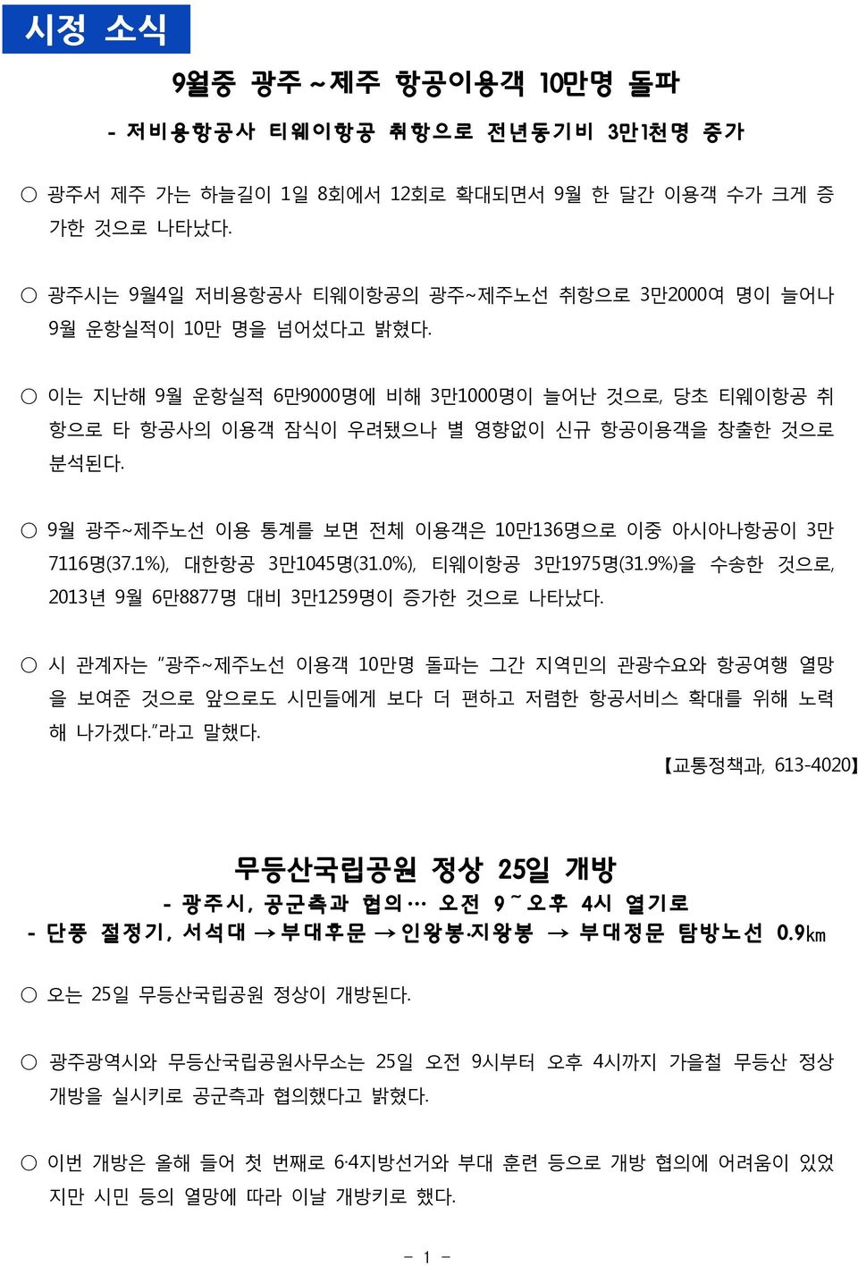 9월 광주~제주노선 이용 통계를 보면 전체 이용객은 10만136명으로 이중 아시아나항공이 3만 7116명(37.1%), 대한항공 3만1045명(31.0%), 티웨이항공 3만1975명(31.9%)을 수송한 것으로, 2013년 9월 6만8877명 대비 3만1259명이 증가한 것으로 나타났다.